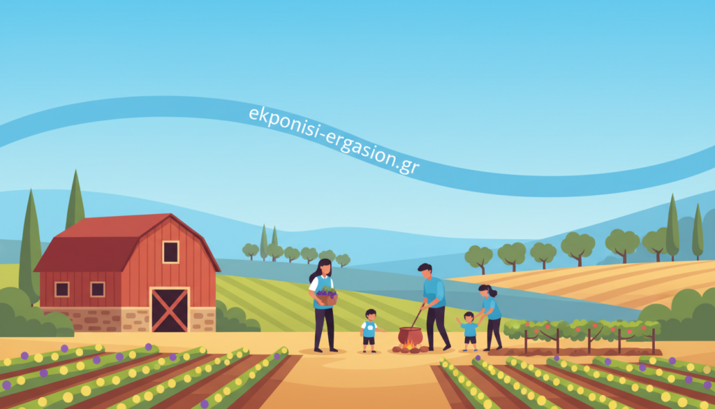 A serene agricultural landscape illustrating the concept of agritourism. In the foreground, a well-maintained farm with vibrant crops and a rustic wooden barn, capturing the essence of rural life. In the middle ground, a family in modest casual attire, engaging in activities like grape-picking or cooking traditional dishes, symbolizing community and hospitality. In the background, rolling hills dotted with olive trees, under a clear blue sky. Soft, natural lighting casts gentle shadows, enhancing the calm atmosphere. The composition should have a professional and clean vibe, emphasizing the connection between tourism and agriculture, with dominant blue tones. The website name "ekponisi-ergasion.gr" should subtly be integrated into the landscape, ensuring it doesn't detract from the main visual focus. A serene agricultural landscape illustrating the concept of agritourism. In the foreground, a well-maintained farm with vibrant crops and a rustic wooden barn, capturing the essence of rural life. In the middle ground, a family in modest casual attire, engaging in activities like grape-picking or cooking traditional dishes, symbolizing community and hospitality. In the background, rolling hills dotted with olive trees, under a clear blue sky. Soft, natural lighting casts gentle shadows, enhancing the calm atmosphere. The composition should have a professional and clean vibe, emphasizing the connection between tourism and agriculture, with dominant blue tones. The website name "ekponisi-ergasion.gr" should subtly be integrated into the landscape, ensuring it doesn't detract from the main visual focus.