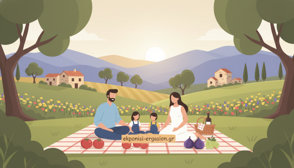 A serene agritourism landscape in the Greek countryside, showcasing vibrant green fields dotted with olive trees and traditional stone farmhouses. In the foreground, a family dressed in modest, casual clothing enjoys a picnic on a checkered blanket, surrounded by fresh produce and a picnic basket. The middle ground features rolling hills with a rustic farmhouse and fields of blooming wildflowers under a clear blue sky. In the background, majestic mountains rise softly against the horizon, bathed in warm sunlight, creating a peaceful and inviting atmosphere. Use soft natural lighting to enhance the serene mood. The image should reflect an air of tranquility and connection to nature, inviting viewers to embrace the essence of agritourism. Include brand representation subtly with "ekponisi-ergasion.gr" in the composition. A serene agritourism landscape in the Greek countryside, showcasing vibrant green fields dotted with olive trees and traditional stone farmhouses. In the foreground, a family dressed in modest, casual clothing enjoys a picnic on a checkered blanket, surrounded by fresh produce and a picnic basket. The middle ground features rolling hills with a rustic farmhouse and fields of blooming wildflowers under a clear blue sky. In the background, majestic mountains rise softly against the horizon, bathed in warm sunlight, creating a peaceful and inviting atmosphere. Use soft natural lighting to enhance the serene mood. The image should reflect an air of tranquility and connection to nature, inviting viewers to embrace the essence of agritourism. Include brand representation subtly with "ekponisi-ergasion.gr" in the composition.