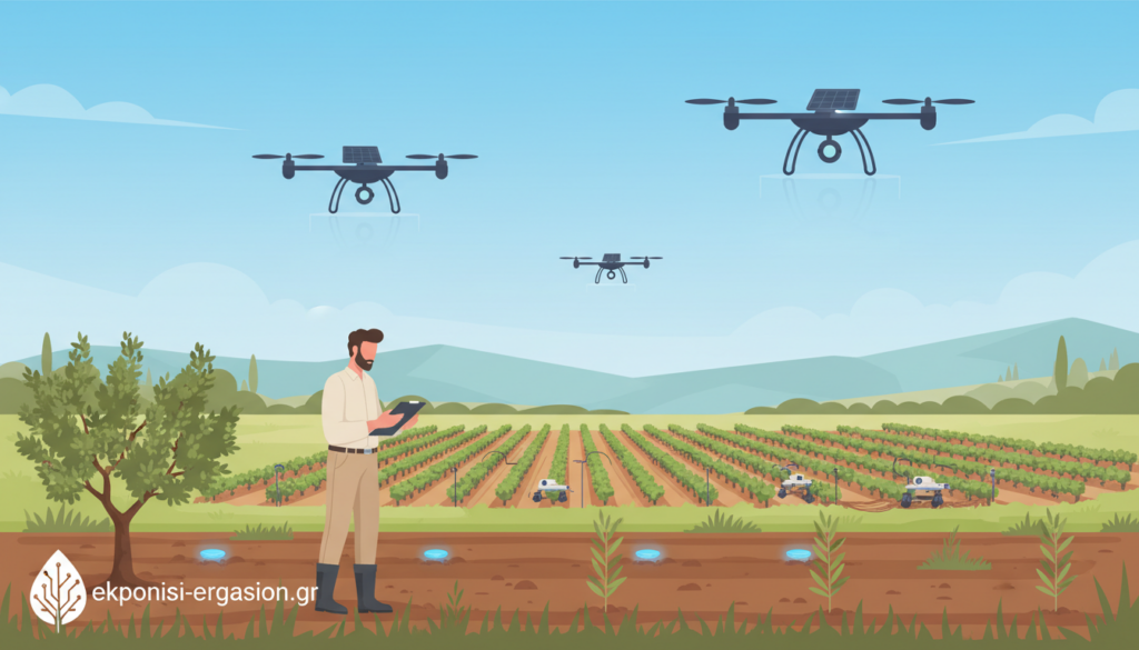 A serene and advanced agricultural landscape in Greece, showcasing the concept of "smart agriculture." In the foreground, a professional agronomist in modest casual clothing examines a vibrant green field with sophisticated sensors and drones hovering above, symbolizing digital transformation. The middle ground features rows of crops integrated with advanced irrigation systems and precision farming tools. In the background, rolling hills under a clear blue sky create a harmonious atmosphere, highlighting the blend of technology and nature. The scene is illuminated by soft natural light, creating a tranquil yet motivated mood. The image embodies the future of agriculture, with a strong emphasis on sustainability and innovation, subtly incorporating the brand name "ekponisi-ergasion.gr" in the lower corner without any overt text. A serene and advanced agricultural landscape in Greece, showcasing the concept of "smart agriculture." In the foreground, a professional agronomist in modest casual clothing examines a vibrant green field with sophisticated sensors and drones hovering above, symbolizing digital transformation. The middle ground features rows of crops integrated with advanced irrigation systems and precision farming tools. In the background, rolling hills under a clear blue sky create a harmonious atmosphere, highlighting the blend of technology and nature. The scene is illuminated by soft natural light, creating a tranquil yet motivated mood. The image embodies the future of agriculture, with a strong emphasis on sustainability and innovation, subtly incorporating the brand name "ekponisi-ergasion.gr" in the lower corner without any overt text.