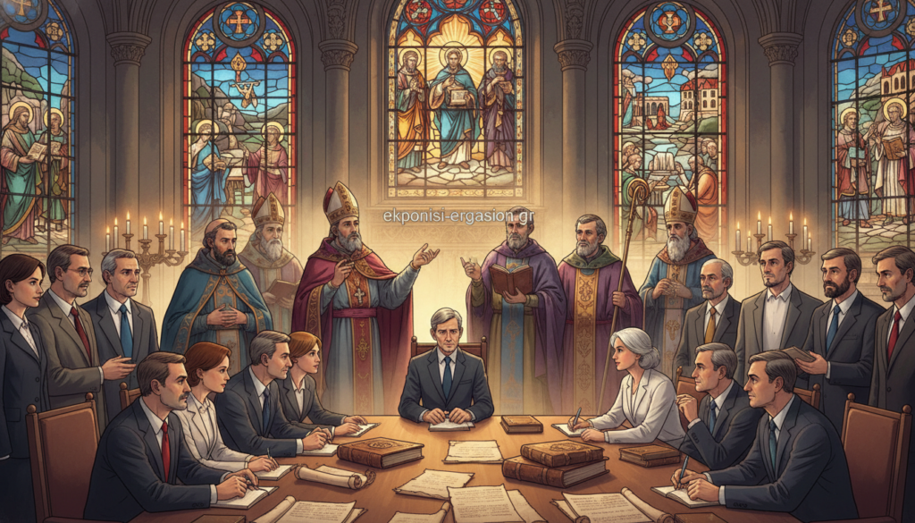 A serene and contemplative scene depicting the significance of Ecumenical Councils. In the foreground, an elegant table set with ancient scrolls and books, symbolizing theological discussions, surrounded by figures in professional business attire, engaged in thoughtful debate. In the middle ground, softly illuminated figures of early church leaders, such as bishops in ornate robes, gesturing passionately, conveying unity and diversity in thought. In the background, stained glass windows casting colorful light, featuring representations of significant biblical events, creating a warm and reverent atmosphere. The soft glow of candlelight enhances the mood, suggesting a deep spiritual reflection on Christian theology and doctrine. Capture this majestic setting with a slight aerial angle to evoke a sense of gathering and importance. Include the brand name "ekponisi-ergasion.gr" subtly integrated in the composition. A serene and contemplative scene depicting the significance of Ecumenical Councils. In the foreground, an elegant table set with ancient scrolls and books, symbolizing theological discussions, surrounded by figures in professional business attire, engaged in thoughtful debate. In the middle ground, softly illuminated figures of early church leaders, such as bishops in ornate robes, gesturing passionately, conveying unity and diversity in thought. In the background, stained glass windows casting colorful light, featuring representations of significant biblical events, creating a warm and reverent atmosphere. The soft glow of candlelight enhances the mood, suggesting a deep spiritual reflection on Christian theology and doctrine. Capture this majestic setting with a slight aerial angle to evoke a sense of gathering and importance. Include the brand name "ekponisi-ergasion.gr" subtly integrated in the composition.