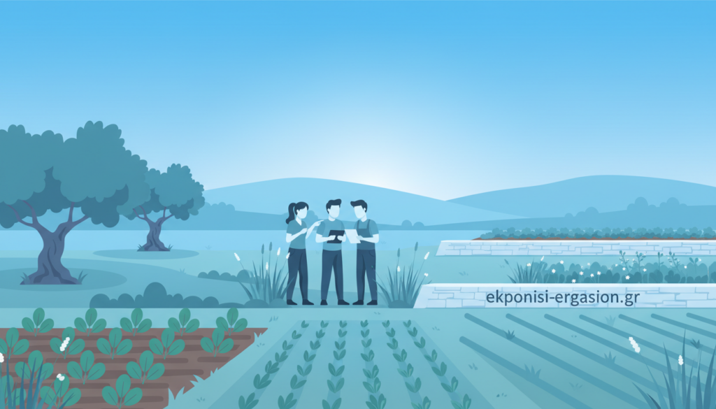 A serene and lush agricultural landscape illustrating the principles of sustainable agriculture in Greece. In the foreground, vibrant green fields with diverse crops such as olive trees and grapevines, symbolizing biodiversity and healthy soil. In the middle ground, a group of professionals in modest casual clothing engaged in a discussion, reviewing sustainable farming practices, surrounded by natural elements. The background features gentle rolling hills with a vivid blue sky, glowing with soft sunlight, creating a harmonious and hopeful atmosphere. The composition emphasizes academic professionalism, utilizing clean lines and blue tones throughout. The image is devoid of any text, ensuring a focus on the visual narrative of sustainable agriculture. Include the brand name "ekponisi-ergasion.gr" subtly integrated into the scenery, maintaining a clean and professional appearance. A serene and lush agricultural landscape illustrating the principles of sustainable agriculture in Greece. In the foreground, vibrant green fields with diverse crops such as olive trees and grapevines, symbolizing biodiversity and healthy soil. In the middle ground, a group of professionals in modest casual clothing engaged in a discussion, reviewing sustainable farming practices, surrounded by natural elements. The background features gentle rolling hills with a vivid blue sky, glowing with soft sunlight, creating a harmonious and hopeful atmosphere. The composition emphasizes academic professionalism, utilizing clean lines and blue tones throughout. The image is devoid of any text, ensuring a focus on the visual narrative of sustainable agriculture. Include the brand name "ekponisi-ergasion.gr" subtly integrated into the scenery, maintaining a clean and professional appearance.