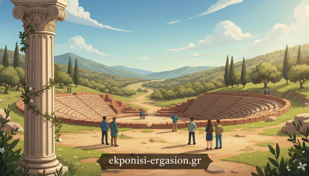 A serene archaeological site showcasing rich cultural heritage. In the foreground, a beautifully preserved ancient column partially covered with climbing ivy, symbolizing the passage of time. The middle ground features an expansive view of an ancient amphitheater overlooking lush greenery, with visitors in modest casual clothing admiring the structure, capturing the essence of cultural appreciation. The background reveals rolling hills under a clear blue sky, with soft golden sunlight filtering through, creating a warm and inviting atmosphere. The scene is shot with a wide-angle lens, emphasizing depth and grandeur, while showcasing harmony between nature and human achievement. This image should reflect the theme of cultural heritage management and the importance of preservation for future generations, branded with "ekponisi-ergasion.gr." A serene archaeological site showcasing rich cultural heritage. In the foreground, a beautifully preserved ancient column partially covered with climbing ivy, symbolizing the passage of time. The middle ground features an expansive view of an ancient amphitheater overlooking lush greenery, with visitors in modest casual clothing admiring the structure, capturing the essence of cultural appreciation. The background reveals rolling hills under a clear blue sky, with soft golden sunlight filtering through, creating a warm and inviting atmosphere. The scene is shot with a wide-angle lens, emphasizing depth and grandeur, while showcasing harmony between nature and human achievement. This image should reflect the theme of cultural heritage management and the importance of preservation for future generations, branded with "ekponisi-ergasion.gr."