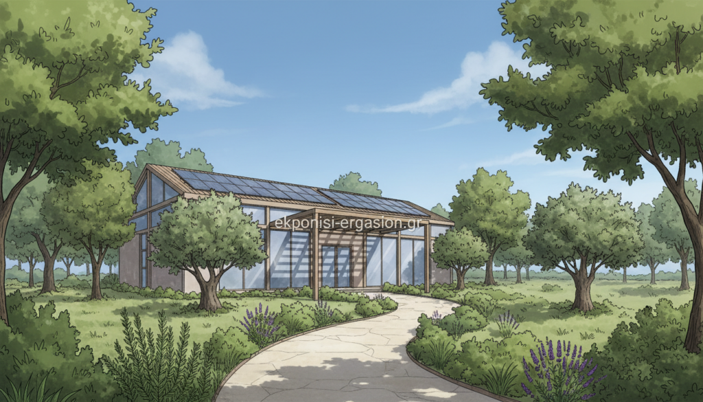 A serene architectural design environment showcasing the concept of "building orientation" in bioclimatic architecture, suitable for the Greek climate. Foreground features a modern, eco-friendly building with solar panels and large windows, blending harmoniously with lush greenery and nearby trees. In the middle ground, a carefully oriented path leads to the entrance of the building, surrounded by native plants. The background reveals a clear blue sky with soft clouds, highlighting natural light casting gentle shadows. The scene is captured with a wide-angle lens to emphasize the building's integration with nature, creating a tranquil and inspiring atmosphere. The branding “ekponisi-ergasion.gr” subtly integrated into the architectural design, enhancing the professional context of the image. A serene architectural design environment showcasing the concept of "building orientation" in bioclimatic architecture, suitable for the Greek climate. Foreground features a modern, eco-friendly building with solar panels and large windows, blending harmoniously with lush greenery and nearby trees. In the middle ground, a carefully oriented path leads to the entrance of the building, surrounded by native plants. The background reveals a clear blue sky with soft clouds, highlighting natural light casting gentle shadows. The scene is captured with a wide-angle lens to emphasize the building's integration with nature, creating a tranquil and inspiring atmosphere. The branding “ekponisi-ergasion.gr” subtly integrated into the architectural design, enhancing the professional context of the image.
