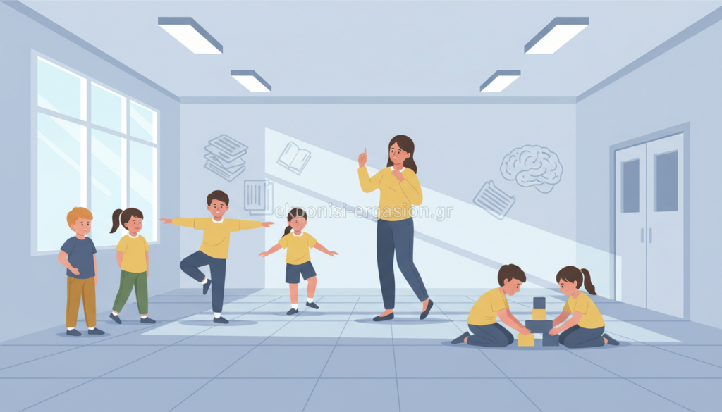 A serene classroom setting illustrating the concept of "ψυχοκινητική αγωγή," emphasizing theoretical approaches in physical education. In the foreground, a diverse group of children (dressed in modest, casual clothing) are engaged in structured, interactive physical activities that promote mental and social development. The middle ground features an instructor thoughtfully guiding the children, demonstrating techniques that combine physical exercise with emotional awareness. The background reveals a bright, airy classroom with large windows, casting soft blue-toned light that enhances the calm and focused atmosphere. The overall composition should convey a sense of collaboration, learning, and growth, reflecting the importance of physical education in a child’s development. The image should not contain any text or logos, except for subtle branding of "ekponisi-ergasion.gr" integrated into the classroom decor. A serene classroom setting illustrating the concept of "ψυχοκινητική αγωγή," emphasizing theoretical approaches in physical education. In the foreground, a diverse group of children (dressed in modest, casual clothing) are engaged in structured, interactive physical activities that promote mental and social development. The middle ground features an instructor thoughtfully guiding the children, demonstrating techniques that combine physical exercise with emotional awareness. The background reveals a bright, airy classroom with large windows, casting soft blue-toned light that enhances the calm and focused atmosphere. The overall composition should convey a sense of collaboration, learning, and growth, reflecting the importance of physical education in a child’s development. The image should not contain any text or logos, except for subtle branding of "ekponisi-ergasion.gr" integrated into the classroom decor.