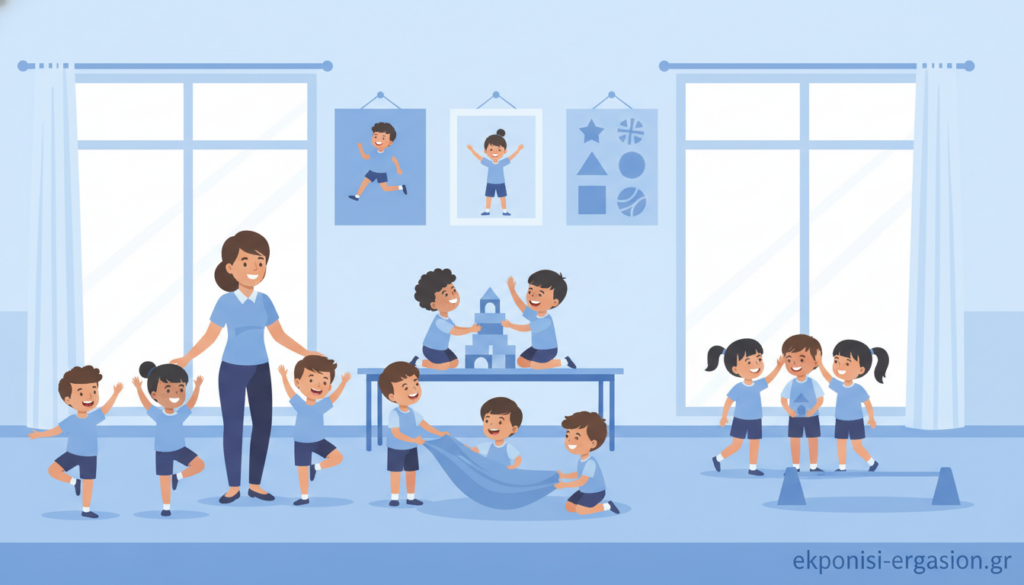 A serene classroom setting with children engaged in various physical activities reflecting "ψυχοκινητική αγωγή." In the foreground, a smiling teacher wearing professional attire guides a group of diverse children practicing yoga and cooperative games, showcasing physical, mental, and social development. In the middle ground, colorful educational posters about physical education adorn the walls, while children interact happily, demonstrating teamwork and communication. The background features large windows letting in soft, natural light, creating a warm, inviting atmosphere. The color palette emphasizes blue tones, conveying a calm and academic vibe. The image should be devoid of any text, watermarks, or signatures, maintaining a professional look suitable for an article on primary education. Instead of distractions, focus on clear expressions of joy and engagement in every child's face. The brand name "ekponisi-ergasion.gr" should subtly blend into the image without being prominent or obtrusive. A serene classroom setting with children engaged in various physical activities reflecting "ψυχοκινητική αγωγή." In the foreground, a smiling teacher wearing professional attire guides a group of diverse children practicing yoga and cooperative games, showcasing physical, mental, and social development. In the middle ground, colorful educational posters about physical education adorn the walls, while children interact happily, demonstrating teamwork and communication. The background features large windows letting in soft, natural light, creating a warm, inviting atmosphere. The color palette emphasizes blue tones, conveying a calm and academic vibe. The image should be devoid of any text, watermarks, or signatures, maintaining a professional look suitable for an article on primary education. Instead of distractions, focus on clear expressions of joy and engagement in every child's face. The brand name "ekponisi-ergasion.gr" should subtly blend into the image without being prominent or obtrusive.