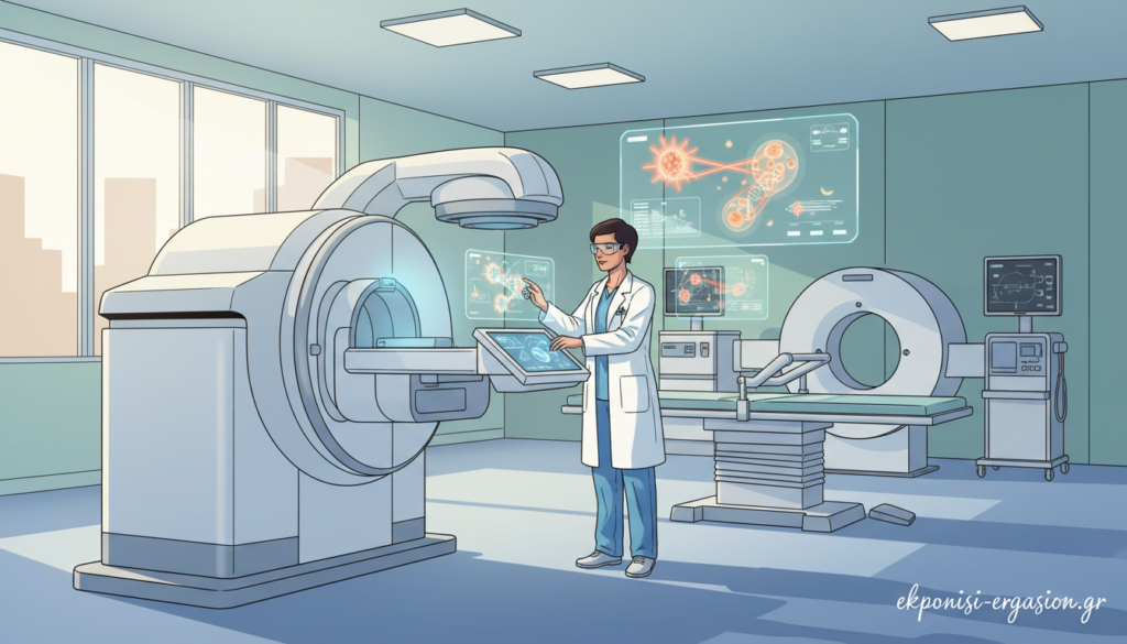 A serene clinical environment depicting ionizing radiation principles in cancer treatment. In the foreground, a modern treatment machine with sleek lines and an intricate control panel, illuminated by soft, diffused blue light. The middle ground features a professional healthcare worker in a lab coat, attentively adjusting the equipment, embodying focused determination. They are surrounded by advanced medical screens displaying holographic images of cell structures and radiation pathways. The background reveals a clean, bright treatment room with calming colors, large windows letting in natural light, and sleek medical equipment. The atmosphere conveys a sense of hope, science, and innovation in cancer therapy. This visual should evoke trust and professionalism, tailored for educational purposes, signed with the brand name "ekponisi-ergasion.gr". A serene clinical environment depicting ionizing radiation principles in cancer treatment. In the foreground, a modern treatment machine with sleek lines and an intricate control panel, illuminated by soft, diffused blue light. The middle ground features a professional healthcare worker in a lab coat, attentively adjusting the equipment, embodying focused determination. They are surrounded by advanced medical screens displaying holographic images of cell structures and radiation pathways. The background reveals a clean, bright treatment room with calming colors, large windows letting in natural light, and sleek medical equipment. The atmosphere conveys a sense of hope, science, and innovation in cancer therapy. This visual should evoke trust and professionalism, tailored for educational purposes, signed with the brand name "ekponisi-ergasion.gr".