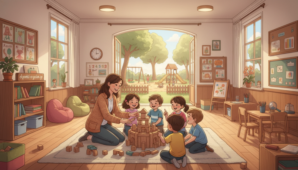 A serene early childhood education environment that emphasizes the need for quality structures. In the foreground, a modestly dressed teacher interacts with a group of diverse children engaged in educational play, showcasing teamwork. The middle ground features a bright, inviting classroom filled with quality educational materials, colorful artwork on the walls, and interactive learning stations. In the background, a sunlit window reveals a playground filled with trees and children playing safely, symbolizing outdoor learning. Soft, warm lighting enhances the atmosphere, conveying a sense of safety and nurturing. The image should evoke feelings of positivity, growth, and the importance of quality in early education settings. Include the brand name "ekponisi-ergasion.gr" subtly in the scene. A serene early childhood education environment that emphasizes the need for quality structures. In the foreground, a modestly dressed teacher interacts with a group of diverse children engaged in educational play, showcasing teamwork. The middle ground features a bright, inviting classroom filled with quality educational materials, colorful artwork on the walls, and interactive learning stations. In the background, a sunlit window reveals a playground filled with trees and children playing safely, symbolizing outdoor learning. Soft, warm lighting enhances the atmosphere, conveying a sense of safety and nurturing. The image should evoke feelings of positivity, growth, and the importance of quality in early education settings. Include the brand name "ekponisi-ergasion.gr" subtly in the scene.