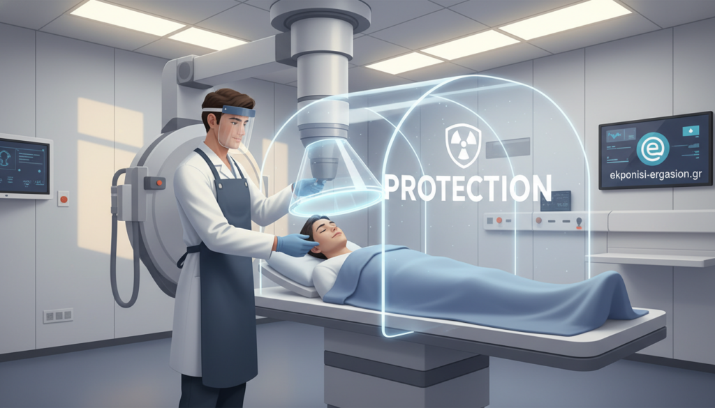 A serene hospital environment showcasing patient radiation protection during a therapy session. In the foreground, a healthcare professional in a white coat and protective gear is adjusting radiological equipment. The mid-ground features a patient comfortably positioned on a treatment table, surrounded by clear shielding and safety barriers, exuding a sense of care and security. Soft, ambient lighting casts a warm glow, creating a calming atmosphere. The background reveals a well-organized treatment room with advanced machinery and medical charts, emphasizing a professional healthcare setting. Capture the essence of safety and professionalism in medical imaging, reflecting the importance of radiation protection for both patients and healthcare professionals. Designed for use by "ekponisi-ergasion.gr". A serene hospital environment showcasing patient radiation protection during a therapy session. In the foreground, a healthcare professional in a white coat and protective gear is adjusting radiological equipment. The mid-ground features a patient comfortably positioned on a treatment table, surrounded by clear shielding and safety barriers, exuding a sense of care and security. Soft, ambient lighting casts a warm glow, creating a calming atmosphere. The background reveals a well-organized treatment room with advanced machinery and medical charts, emphasizing a professional healthcare setting. Capture the essence of safety and professionalism in medical imaging, reflecting the importance of radiation protection for both patients and healthcare professionals. Designed for use by "ekponisi-ergasion.gr".