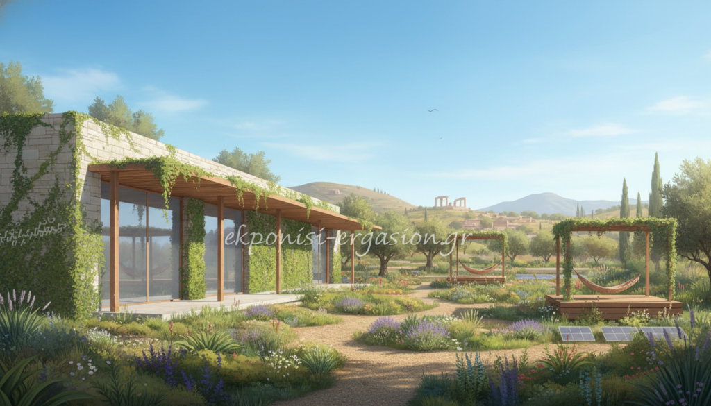 A serene, illustrated landscape showcasing bioclimatic architecture in Greece. In the foreground, a modern building integrates natural elements like green walls and large windows, reflecting energy efficiency. The middle ground features a diverse garden with indigenous plants, solar panels, and shaded outdoor spaces for relaxation. The background displays rolling hills under a clear blue sky, with soft sunlight casting gentle shadows. Use a wide-angle lens to capture the essence of harmony between nature and architecture. The mood is tranquil and inviting, promoting sustainability and innovation. Include the website brand name "ekponisi-ergasion.gr" subtly woven into the environment, ensuring it doesn't detract from the architectural focus. A serene, illustrated landscape showcasing bioclimatic architecture in Greece. In the foreground, a modern building integrates natural elements like green walls and large windows, reflecting energy efficiency. The middle ground features a diverse garden with indigenous plants, solar panels, and shaded outdoor spaces for relaxation. The background displays rolling hills under a clear blue sky, with soft sunlight casting gentle shadows. Use a wide-angle lens to capture the essence of harmony between nature and architecture. The mood is tranquil and inviting, promoting sustainability and innovation. Include the website brand name "ekponisi-ergasion.gr" subtly woven into the environment, ensuring it doesn't detract from the architectural focus.
