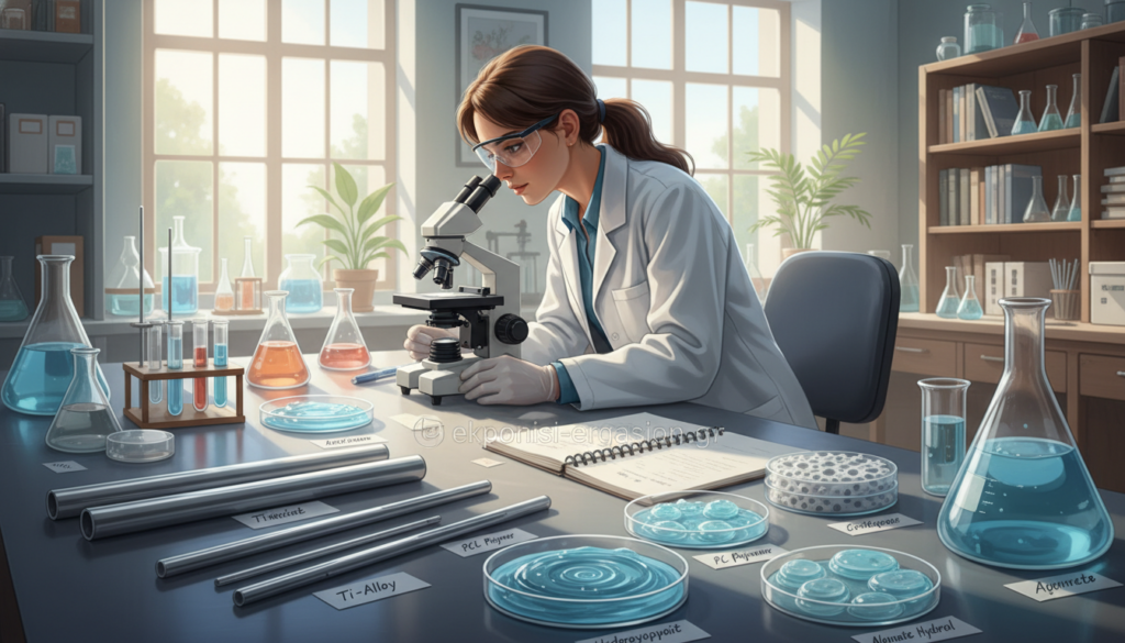A serene laboratory setting showcasing a researcher examining various biocompatible materials under bright, natural lighting. In the foreground, an elegantly arranged table displays a variety of biocompatible biomaterials, including metal alloys, polymers, and ceramics, each labeled clearly. The middle ground features the researcher, a woman in professional attire, donning safety goggles and gloves, analyzing a sample with a microscope. In the background, shelves filled with scientific books and glassware create an atmosphere of academia and innovation. The overall mood is one of curiosity and discovery, emphasizing the significance of biocompatible materials in medicine. Incorporate the brand name "ekponisi-ergasion.gr" subtly into the scene on a lab notebook. A serene laboratory setting showcasing a researcher examining various biocompatible materials under bright, natural lighting. In the foreground, an elegantly arranged table displays a variety of biocompatible biomaterials, including metal alloys, polymers, and ceramics, each labeled clearly. The middle ground features the researcher, a woman in professional attire, donning safety goggles and gloves, analyzing a sample with a microscope. In the background, shelves filled with scientific books and glassware create an atmosphere of academia and innovation. The overall mood is one of curiosity and discovery, emphasizing the significance of biocompatible materials in medicine. Incorporate the brand name "ekponisi-ergasion.gr" subtly into the scene on a lab notebook.