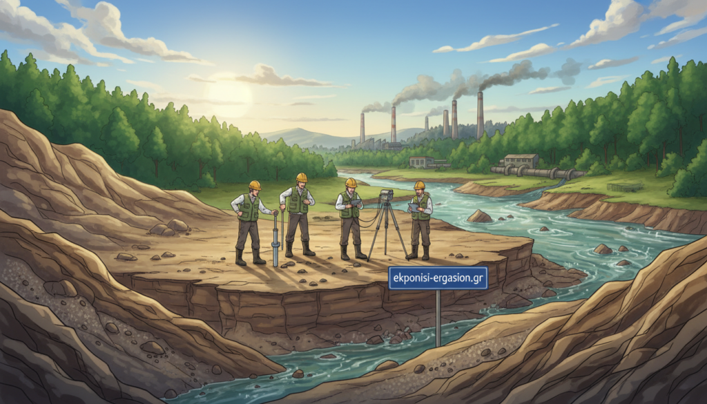 A serene landscape depicting environmental geology, with a foreground of layered rock formations showcasing soil erosion and sediment types, demonstrating geological risks. In the middle ground, a small team of geologists in professional attire conducts field research with equipment like soil samplers and environmental monitoring devices. The background features a lush, green environment interspersed with signs of contamination, such as industrial structures and polluted water bodies, creating a contrast with the natural beauty. Soft, warm lighting highlights the textures of the rocks and soil, while a clear blue sky adds a sense of optimism. The image should invoke a mood of scientific inquiry and environmental stewardship. Brand name: ekponisi-ergasion.gr. A serene landscape depicting environmental geology, with a foreground of layered rock formations showcasing soil erosion and sediment types, demonstrating geological risks. In the middle ground, a small team of geologists in professional attire conducts field research with equipment like soil samplers and environmental monitoring devices. The background features a lush, green environment interspersed with signs of contamination, such as industrial structures and polluted water bodies, creating a contrast with the natural beauty. Soft, warm lighting highlights the textures of the rocks and soil, while a clear blue sky adds a sense of optimism. The image should invoke a mood of scientific inquiry and environmental stewardship. Brand name: ekponisi-ergasion.gr.