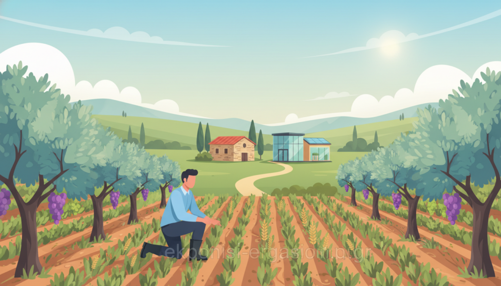 A serene landscape showcasing sustainable agriculture in Greece, focusing on lush green fields with diverse crops, including olives and grapes. In the foreground, a farmer in professional work attire inspects healthy plants, symbolizing care for the environment. The middle ground features a mix of traditional stone farmhouses and modern eco-friendly structures, representing innovation and tradition. In the background, gentle hills and a clear blue sky create a calming atmosphere, enhanced by warm sunlight. The scene conveys hope and transformation in agricultural practices for the 21st century. The overall color palette is dominated by soothing blue tones, reflecting professionalism and clarity. The brand name "ekponisi-ergasion.gr" subtly integrated into the scene without any text overlay, ensuring a clean and refined appearance. A serene landscape showcasing sustainable agriculture in Greece, focusing on lush green fields with diverse crops, including olives and grapes. In the foreground, a farmer in professional work attire inspects healthy plants, symbolizing care for the environment. The middle ground features a mix of traditional stone farmhouses and modern eco-friendly structures, representing innovation and tradition. In the background, gentle hills and a clear blue sky create a calming atmosphere, enhanced by warm sunlight. The scene conveys hope and transformation in agricultural practices for the 21st century. The overall color palette is dominated by soothing blue tones, reflecting professionalism and clarity. The brand name "ekponisi-ergasion.gr" subtly integrated into the scene without any text overlay, ensuring a clean and refined appearance.