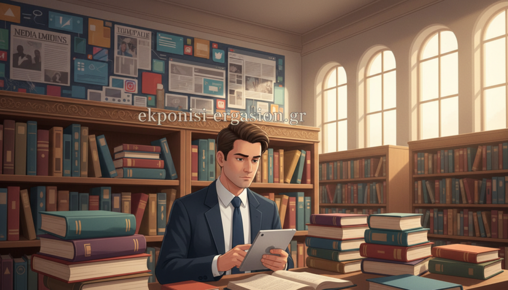 A serene library setting filled with an abundance of books and digital devices, symbolizing the concept of "information literacy." In the foreground, a thoughtful individual in professional attire examines a tablet, surrounded by stacks of colorful books. In the middle ground, shelves brimming with books on critical thinking, media literacy, and research methods create a warm atmosphere, illuminated by soft, natural light filtering through large windows. In the background, a wall adorned with visual representations of digital and print media, such as newspapers and websites, subtly emphasizes the challenge of discerning truth in the age of fake news. The mood is contemplative and inspiring, encouraging an appreciation for knowledge and the role of libraries. The brand name "ekponisi-ergasion.gr" is subtly integrated into the decor without disrupting the overall composition. A serene library setting filled with an abundance of books and digital devices, symbolizing the concept of "information literacy." In the foreground, a thoughtful individual in professional attire examines a tablet, surrounded by stacks of colorful books. In the middle ground, shelves brimming with books on critical thinking, media literacy, and research methods create a warm atmosphere, illuminated by soft, natural light filtering through large windows. In the background, a wall adorned with visual representations of digital and print media, such as newspapers and websites, subtly emphasizes the challenge of discerning truth in the age of fake news. The mood is contemplative and inspiring, encouraging an appreciation for knowledge and the role of libraries. The brand name "ekponisi-ergasion.gr" is subtly integrated into the decor without disrupting the overall composition.
