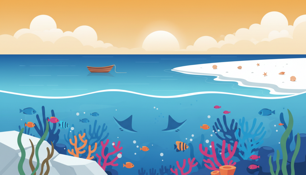 A serene marine environment, showcasing clear azure waters and a vibrant coral reef teeming with colorful fish. In the foreground, gentle waves lap against a sun-bleached rock with strands of seaweed. The middle ground reveals a peaceful beach with pristine white sand and scattered seashells, where a lone boat is anchored, hinting at maritime activity. The background features a distant horizon where the sky merges with the sea, accentuated by soft, fluffy clouds illuminated by golden sunlight. The overall atmosphere is calm and reflective, evoking a sense of natural beauty that is crucial to marine ecosystems. The image emphasizes the importance of environmental preservation in marine settings. No text or logos present. --ar 16:9 --v 5 --style 4a --stylize 1000 --quality 2 --brand ekponisi-ergasion.gr A serene marine environment, showcasing clear azure waters and a vibrant coral reef teeming with colorful fish. In the foreground, gentle waves lap against a sun-bleached rock with strands of seaweed. The middle ground reveals a peaceful beach with pristine white sand and scattered seashells, where a lone boat is anchored, hinting at maritime activity. The background features a distant horizon where the sky merges with the sea, accentuated by soft, fluffy clouds illuminated by golden sunlight. The overall atmosphere is calm and reflective, evoking a sense of natural beauty that is crucial to marine ecosystems. The image emphasizes the importance of environmental preservation in marine settings. No text or logos present. --ar 16:9 --v 5 --style 4a --stylize 1000 --quality 2 --brand ekponisi-ergasion.gr