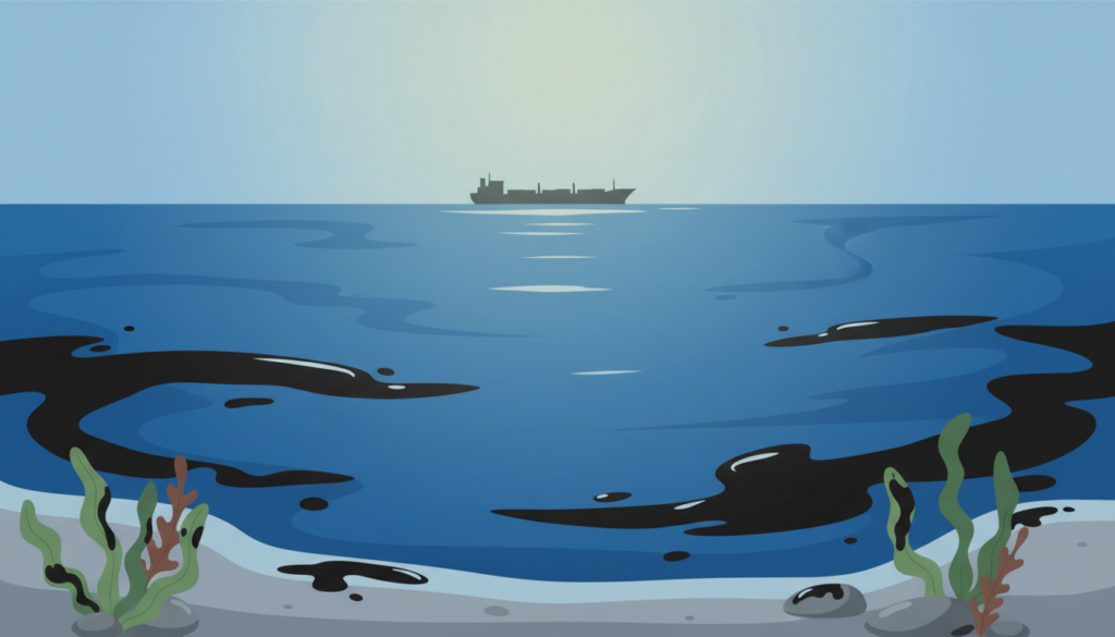 A serene marine landscape impacted by oil spills, showcasing vivid blue waters with dark, swirling patches of oil contrasting sharply against the natural hues. In the foreground, delicate waves lightly ripple, revealing remnants of oil clinging to seaweed and small rocks. The middle ground features a distant cargo ship, subtly silhouetted against the horizon, representing the source of pollution. The background includes a clear sky with soft, diffused sunlight illuminating the scene, creating an atmosphere of quiet devastation and environmental concern. Emphasize the effects of pollution on marine life while keeping the composition clean and professional. The overall mood reflects an academic approach to environmental issues. The image should be devoid of any text, captions, or logos, ensuring a clear focus on the subject. Image inspired by "ekponisi-ergasion.gr". A serene marine landscape impacted by oil spills, showcasing vivid blue waters with dark, swirling patches of oil contrasting sharply against the natural hues. In the foreground, delicate waves lightly ripple, revealing remnants of oil clinging to seaweed and small rocks. The middle ground features a distant cargo ship, subtly silhouetted against the horizon, representing the source of pollution. The background includes a clear sky with soft, diffused sunlight illuminating the scene, creating an atmosphere of quiet devastation and environmental concern. Emphasize the effects of pollution on marine life while keeping the composition clean and professional. The overall mood reflects an academic approach to environmental issues. The image should be devoid of any text, captions, or logos, ensuring a clear focus on the subject. Image inspired by "ekponisi-ergasion.gr".