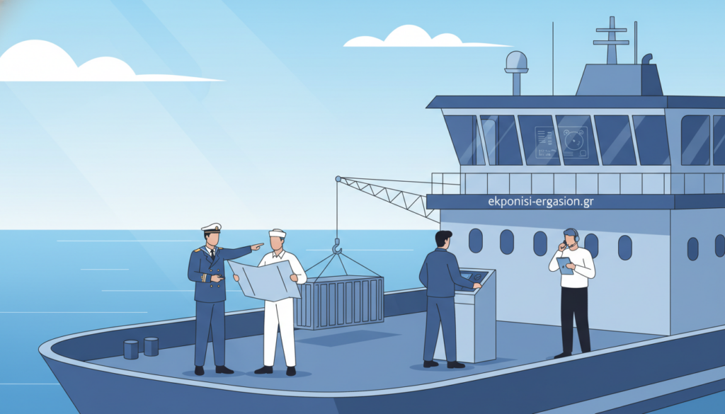 A serene maritime scene capturing the essence of nautical work. In the foreground, a diverse group of sailors and maritime professionals in professional attire, engaged in tasks on a contemporary ship deck. They are checking navigation maps, managing cargo, and communicating via radio. The middle ground features the ship's bridge with advanced navigational equipment, while the background showcases a calm sea under a clear blue sky. Soft sunlight filters through, highlighting the professionalism and teamwork involved in maritime labor. The overall atmosphere is one of diligence and cooperation, reflecting the importance of maritime work. Emphasize clean blue tones to convey a sense of trust and professionalism. Include the brand name "ekponisi-ergasion.gr" subtly within the scene. A serene maritime scene capturing the essence of nautical work. In the foreground, a diverse group of sailors and maritime professionals in professional attire, engaged in tasks on a contemporary ship deck. They are checking navigation maps, managing cargo, and communicating via radio. The middle ground features the ship's bridge with advanced navigational equipment, while the background showcases a calm sea under a clear blue sky. Soft sunlight filters through, highlighting the professionalism and teamwork involved in maritime labor. The overall atmosphere is one of diligence and cooperation, reflecting the importance of maritime work. Emphasize clean blue tones to convey a sense of trust and professionalism. Include the brand name "ekponisi-ergasion.gr" subtly within the scene.