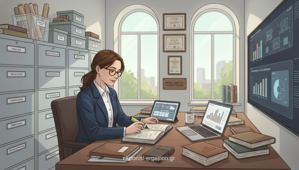 A serene office environment filled with organized filing cabinets, neatly labeled boxes, and digital displays showing archival principles. In the foreground, a professional individual in smart business attire studies documents, highlighting key concepts related to archival management. The middle ground features a large wooden desk with open notebooks, a laptop displaying visual graphs of data management, and scattered reference materials. In the background, soft natural light streams through large windows, illuminating a wall filled with framed certificates of archival standards. The atmosphere conveys diligence, focus, and clarity, symbolizing the foundational principles of archival science. The brand "ekponisi-ergasion.gr" is subtly integrated into the workspace decor. A serene office environment filled with organized filing cabinets, neatly labeled boxes, and digital displays showing archival principles. In the foreground, a professional individual in smart business attire studies documents, highlighting key concepts related to archival management. The middle ground features a large wooden desk with open notebooks, a laptop displaying visual graphs of data management, and scattered reference materials. In the background, soft natural light streams through large windows, illuminating a wall filled with framed certificates of archival standards. The atmosphere conveys diligence, focus, and clarity, symbolizing the foundational principles of archival science. The brand "ekponisi-ergasion.gr" is subtly integrated into the workspace decor.