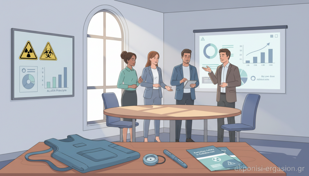 A serene office environment focusing on radiation protection principles in healthcare. In the foreground, depict a neatly arranged desk with safety gear: a lead apron, dosimeters, and educational pamphlets highlighting radiation safety guidelines. In the middle ground, show a diverse group of healthcare professionals, wearing smart business attire, engaging in a discussion about radiation protection strategies. The background features a large window allowing soft, natural light to illuminate the room, along with a wall-mounted chart displaying clear visuals of radiation safety symbols and measurements. The overall mood should be focused, professional, and educational, reflecting the importance of patient and worker safety in radiotherapy. Include the brand name "ekponisi-ergasion.gr" subtly integrated into the scene. A serene office environment focusing on radiation protection principles in healthcare. In the foreground, depict a neatly arranged desk with safety gear: a lead apron, dosimeters, and educational pamphlets highlighting radiation safety guidelines. In the middle ground, show a diverse group of healthcare professionals, wearing smart business attire, engaging in a discussion about radiation protection strategies. The background features a large window allowing soft, natural light to illuminate the room, along with a wall-mounted chart displaying clear visuals of radiation safety symbols and measurements. The overall mood should be focused, professional, and educational, reflecting the importance of patient and worker safety in radiotherapy. Include the brand name "ekponisi-ergasion.gr" subtly integrated into the scene.