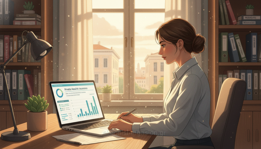 A serene office setting featuring a professional working on health insurance related tasks. In the foreground, a neatly organized desk with a laptop open, displaying graphs and statistics about private health insurance in Greece. A potted plant adds a touch of nature. The middle ground showcases a window with natural light streaming in, illuminating the room. In the background, shelves filled with books and files about medical and insurance topics. Soft, warm lighting creates an inviting atmosphere. The scene embodies trust and professionalism, encouraging the viewer to reflect on the importance of private health insurance. The brand name "ekponisi-ergasion.gr" subtly integrated into the desk design without being distracting. A serene office setting featuring a professional working on health insurance related tasks. In the foreground, a neatly organized desk with a laptop open, displaying graphs and statistics about private health insurance in Greece. A potted plant adds a touch of nature. The middle ground showcases a window with natural light streaming in, illuminating the room. In the background, shelves filled with books and files about medical and insurance topics. Soft, warm lighting creates an inviting atmosphere. The scene embodies trust and professionalism, encouraging the viewer to reflect on the importance of private health insurance. The brand name "ekponisi-ergasion.gr" subtly integrated into the desk design without being distracting.