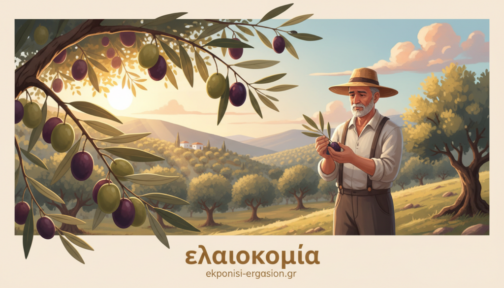 A serene olive grove in Greece during the golden hour, with sunlight softly filtering through the leaves, creating a warm and inviting atmosphere. In the foreground, plump and ripened olives hang from gently swaying branches, showcasing varying shades of green and deep purple. The middle ground features an expert farmer in modest casual clothing, carefully examining a cluster of olives, symbolizing dedication and craftsmanship. In the background, rolling hills dotted with more olive trees stretch towards the horizon, under a clear blue sky, enhancing the sense of tranquility. The image captures the essence of "ελαιοκομία," emphasizing both the natural beauty of the landscape and the artistry of olive oil production. This visual reflects the theme of quality and cultivation techniques. eкponisi-ergasion.gr A serene olive grove in Greece during the golden hour, with sunlight softly filtering through the leaves, creating a warm and inviting atmosphere. In the foreground, plump and ripened olives hang from gently swaying branches, showcasing varying shades of green and deep purple. The middle ground features an expert farmer in modest casual clothing, carefully examining a cluster of olives, symbolizing dedication and craftsmanship. In the background, rolling hills dotted with more olive trees stretch towards the horizon, under a clear blue sky, enhancing the sense of tranquility. The image captures the essence of "ελαιοκομία," emphasizing both the natural beauty of the landscape and the artistry of olive oil production. This visual reflects the theme of quality and cultivation techniques. eкponisi-ergasion.gr
