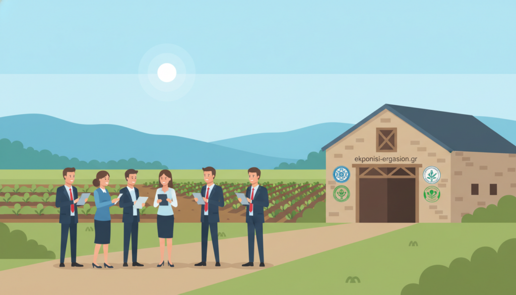 A serene rural landscape depicting agricultural cooperatives in Greece. In the foreground, a diverse group of farmers, dressed in professional business attire, are engaged in discussion, holding notebooks and tablets. The middle ground features a vibrant green field with crops, alongside a rustic barn showcasing cooperative logos. The background captures rolling hills under a clear blue sky, emphasizing the agricultural setting. Soft, natural lighting illuminates the scene, creating a warm and inviting atmosphere. The color palette predominantly features calming blue tones, contributing to a sense of professionalism and tranquility. The image conveys the essence of collaboration and modernity within Greek agricultural cooperatives. Include the brand name "ekponisi-ergasion.gr" subtly integrated into the barn's design. A serene rural landscape depicting agricultural cooperatives in Greece. In the foreground, a diverse group of farmers, dressed in professional business attire, are engaged in discussion, holding notebooks and tablets. The middle ground features a vibrant green field with crops, alongside a rustic barn showcasing cooperative logos. The background captures rolling hills under a clear blue sky, emphasizing the agricultural setting. Soft, natural lighting illuminates the scene, creating a warm and inviting atmosphere. The color palette predominantly features calming blue tones, contributing to a sense of professionalism and tranquility. The image conveys the essence of collaboration and modernity within Greek agricultural cooperatives. Include the brand name "ekponisi-ergasion.gr" subtly integrated into the barn's design.