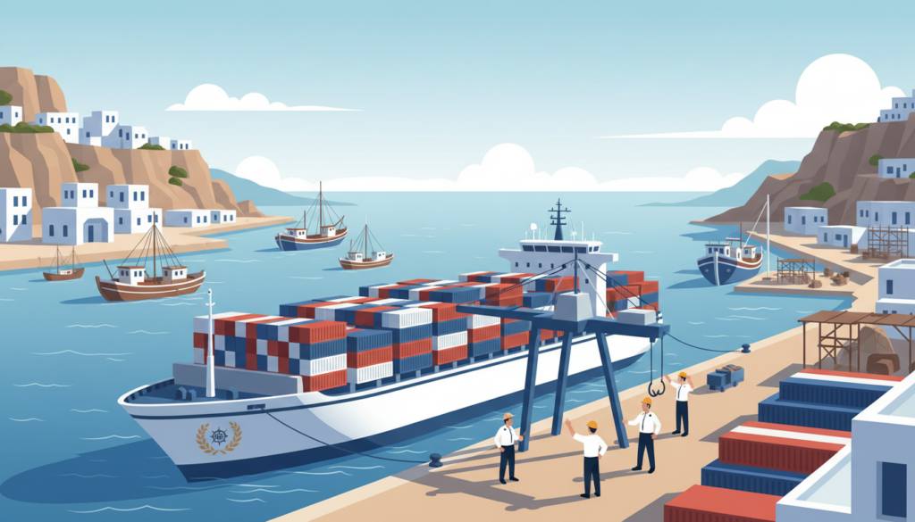A serene scene depicting Greek commercial shipping, set in a bustling harbor. In the foreground, a modern Greek cargo ship, sleek and majestic, is docked with containers neatly arranged on its deck. Crew members in professional attire are engaged in logistics, showcasing teamwork. The middle ground features a vibrant harbor with traditional Greek fishing boats and artisanal shipyards, reflecting the country's rich maritime history. In the background, the Aegean Sea sparkles under a clear blue sky, framed by rugged cliffs and white-washed buildings typical of Greek islands. Soft, warm lighting enhances the professionalism of the scene, evoking a sense of industry and pride in Greek maritime heritage. The image should embody a modern yet historically rooted atmosphere, capturing the essence of Greek shipping. No text present. Aesthetic inspired by the brand "ekponisi-ergasion.gr". A serene scene depicting Greek commercial shipping, set in a bustling harbor. In the foreground, a modern Greek cargo ship, sleek and majestic, is docked with containers neatly arranged on its deck. Crew members in professional attire are engaged in logistics, showcasing teamwork. The middle ground features a vibrant harbor with traditional Greek fishing boats and artisanal shipyards, reflecting the country's rich maritime history. In the background, the Aegean Sea sparkles under a clear blue sky, framed by rugged cliffs and white-washed buildings typical of Greek islands. Soft, warm lighting enhances the professionalism of the scene, evoking a sense of industry and pride in Greek maritime heritage. The image should embody a modern yet historically rooted atmosphere, capturing the essence of Greek shipping. No text present. Aesthetic inspired by the brand "ekponisi-ergasion.gr".