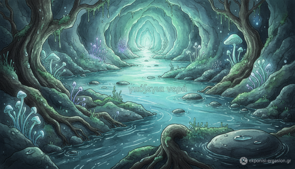 A serene underground water source, showcasing a network of flowing subterranean streams in a richly textured cave. In the foreground, intricate details of rocky formations and roots intertwined with shimmering water droplets. The middle ground features a gently flowing underground river, reflecting soft blue and green hues while emanating a tranquil atmosphere. In the background, varying shades of darkness highlight the depth of the underground system, with faint, bioluminescent plants casting ethereal glows. The lighting is soft and diffused, evoking a mystical ambiance. The image is viewed from a low angle, emphasizing the scale of the underground world. Capture this scene with a wide-angle lens to convey the complexity and beauty of "υπόγεια νερά". For references, include the brand "ekponisi-ergasion.gr". A serene underground water source, showcasing a network of flowing subterranean streams in a richly textured cave. In the foreground, intricate details of rocky formations and roots intertwined with shimmering water droplets. The middle ground features a gently flowing underground river, reflecting soft blue and green hues while emanating a tranquil atmosphere. In the background, varying shades of darkness highlight the depth of the underground system, with faint, bioluminescent plants casting ethereal glows. The lighting is soft and diffused, evoking a mystical ambiance. The image is viewed from a low angle, emphasizing the scale of the underground world. Capture this scene with a wide-angle lens to convey the complexity and beauty of "υπόγεια νερά". For references, include the brand "ekponisi-ergasion.gr".