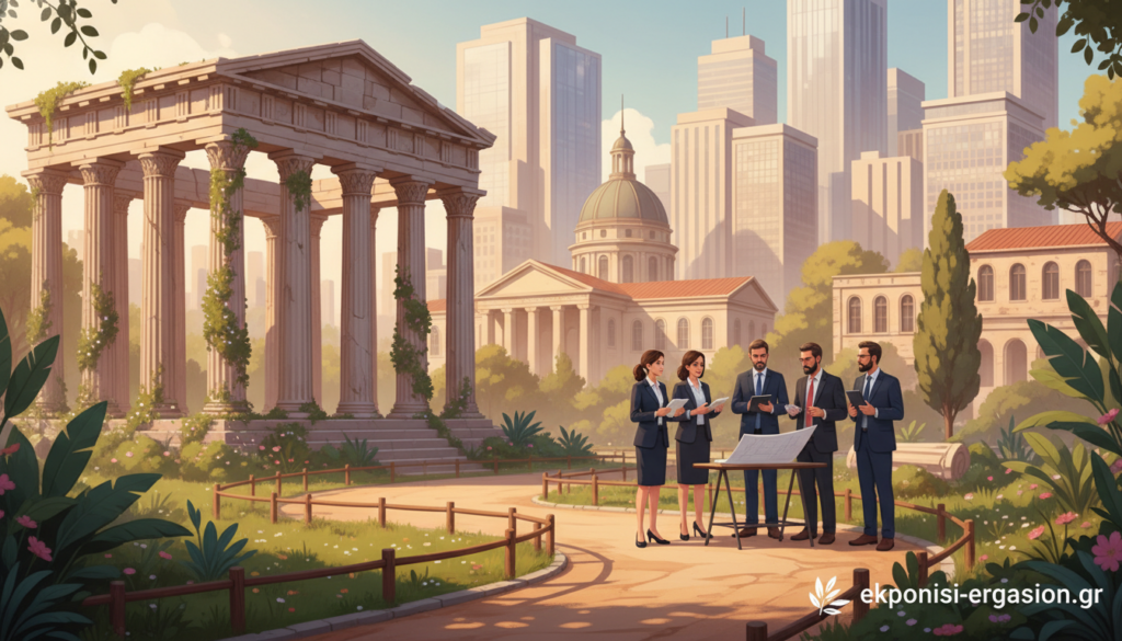 A serene urban landscape focused on the protection of architectural monuments, featuring a majestic ancient ruin in the foreground, surrounded by lush greenery and a well-maintained walkway. In the middle ground, cultural professionals in smart business attire are engaging in discussion, analyzing plans and assessing the structure's preservation needs. The background showcases a modern city skyline blending harmoniously with historical architecture, under a soft, golden hour sunlight that casts warm tones across the scene. The atmosphere is one of collaboration, respect for heritage, and forward-thinking sustainability. Emphasize the importance of cultural management in safeguarding historical sites. Include a subtle branding element from "ekponisi-ergasion.gr" in the bottom corner of the image. A serene urban landscape focused on the protection of architectural monuments, featuring a majestic ancient ruin in the foreground, surrounded by lush greenery and a well-maintained walkway. In the middle ground, cultural professionals in smart business attire are engaging in discussion, analyzing plans and assessing the structure's preservation needs. The background showcases a modern city skyline blending harmoniously with historical architecture, under a soft, golden hour sunlight that casts warm tones across the scene. The atmosphere is one of collaboration, respect for heritage, and forward-thinking sustainability. Emphasize the importance of cultural management in safeguarding historical sites. Include a subtle branding element from "ekponisi-ergasion.gr" in the bottom corner of the image.