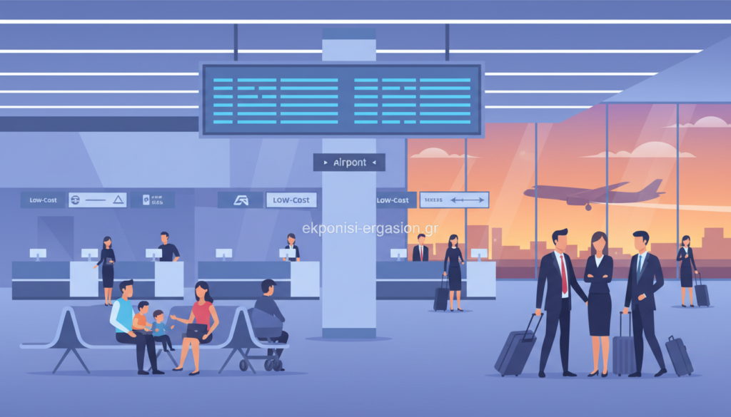 A sleek, modern airport terminal bustling with activity, showcasing a variety of airlines' check-in counters, including low-cost carriers and traditional airline representatives in professional attire. In the foreground, business travelers with rolling suitcases engage in conversation, while families wait at a nearby seating area. The middle ground features contemporary signage and digital boards displaying flight information, illuminated by soft blue lighting that creates a calm yet busy atmosphere. The background reveals large glass windows with planes taking off against a sunset sky, enhancing the sense of travel and movement. The overall mood is professional and dynamic, evoking the excitement of air travel in Europe. The image is to be devoid of any text or branding except for the subtle inclusion of “ekponisi-ergasion.gr” in the scenery. A sleek, modern airport terminal bustling with activity, showcasing a variety of airlines' check-in counters, including low-cost carriers and traditional airline representatives in professional attire. In the foreground, business travelers with rolling suitcases engage in conversation, while families wait at a nearby seating area. The middle ground features contemporary signage and digital boards displaying flight information, illuminated by soft blue lighting that creates a calm yet busy atmosphere. The background reveals large glass windows with planes taking off against a sunset sky, enhancing the sense of travel and movement. The overall mood is professional and dynamic, evoking the excitement of air travel in Europe. The image is to be devoid of any text or branding except for the subtle inclusion of “ekponisi-ergasion.gr” in the scenery.