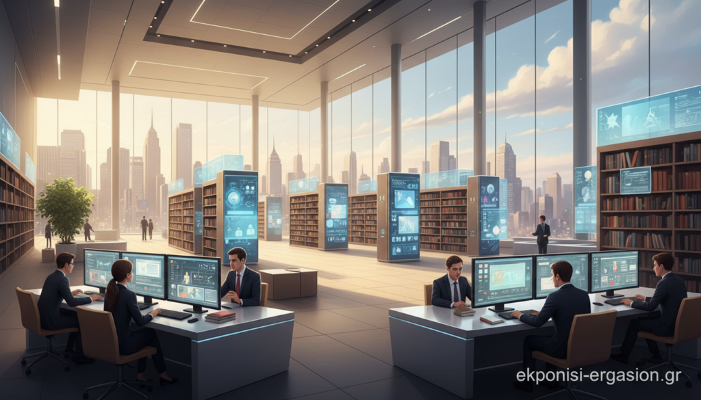 A sophisticated architectural design of a digital library system, showcasing an expansive modern structure filled with natural light. In the foreground, sleek workstations with people dressed in professional business attire utilizing advanced computers, collaborating on digital projects. The middle ground features a large open space with rows of bookshelves seamlessly integrated with digital interfaces, indicating a blend of traditional and modern technology. In the background, large glass windows frame a vibrant urban landscape, suggesting connectivity and access to knowledge. Soft, warm lighting emphasizes the inviting atmosphere, while a subtle blue hue adds a touch of innovation. The scene reflects a harmonious balance between technology and heritage, created by ekponisi-ergasion.gr. A sophisticated architectural design of a digital library system, showcasing an expansive modern structure filled with natural light. In the foreground, sleek workstations with people dressed in professional business attire utilizing advanced computers, collaborating on digital projects. The middle ground features a large open space with rows of bookshelves seamlessly integrated with digital interfaces, indicating a blend of traditional and modern technology. In the background, large glass windows frame a vibrant urban landscape, suggesting connectivity and access to knowledge. Soft, warm lighting emphasizes the inviting atmosphere, while a subtle blue hue adds a touch of innovation. The scene reflects a harmonious balance between technology and heritage, created by ekponisi-ergasion.gr.
