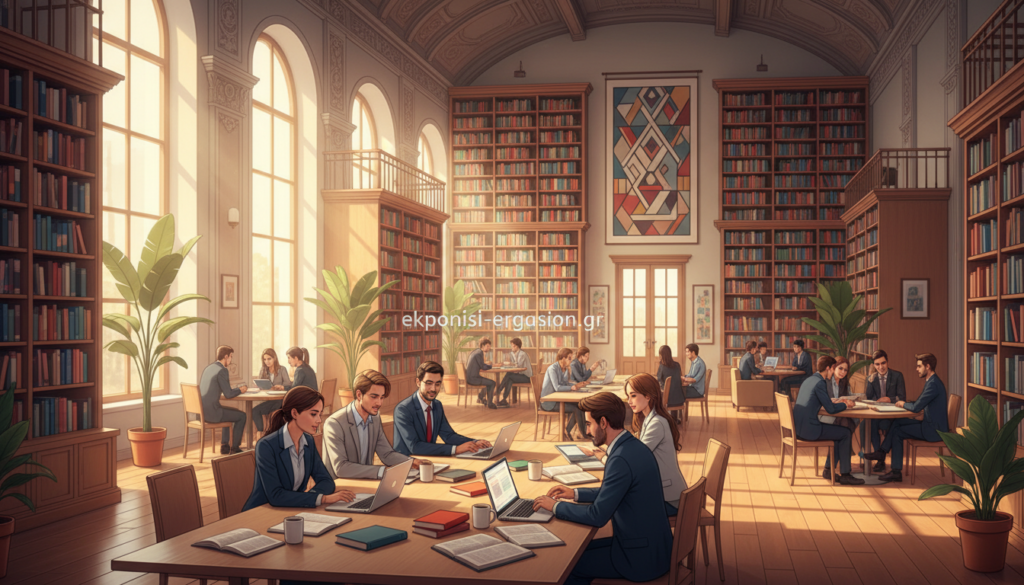A spacious academic library filled with shelves of books, radiating a warm and inviting atmosphere. In the foreground, a modern wooden table with laptops and scattered books, symbolizing collaboration in open science. The middle ground features small groups of diverse students, dressed in professional attire, engaged in discussions and research. Bright, natural light filters through large windows, casting soft shadows. In the background, towering shelves filled with colorful books, representing a wealth of knowledge. Subtle decorations, like indoor plants, add to the serene ambiance. The library’s architecture is contemporary yet classic, with high ceilings and elegant design elements. This setting reflects the pivotal role of academic libraries in fostering innovation and research in the age of open science. Include the brand name "ekponisi-ergasion.gr" subtly in the decor without altering the scene's focus. A spacious academic library filled with shelves of books, radiating a warm and inviting atmosphere. In the foreground, a modern wooden table with laptops and scattered books, symbolizing collaboration in open science. The middle ground features small groups of diverse students, dressed in professional attire, engaged in discussions and research. Bright, natural light filters through large windows, casting soft shadows. In the background, towering shelves filled with colorful books, representing a wealth of knowledge. Subtle decorations, like indoor plants, add to the serene ambiance. The library’s architecture is contemporary yet classic, with high ceilings and elegant design elements. This setting reflects the pivotal role of academic libraries in fostering innovation and research in the age of open science. Include the brand name "ekponisi-ergasion.gr" subtly in the decor without altering the scene's focus.