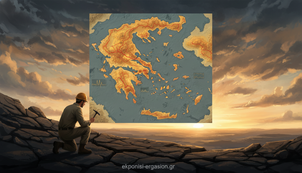 A striking representation of "σεισμικότητα", focusing on the dynamic forces of seismic activity. In the foreground, a geological surveyor in professional attire examines rock formations, symbolizing the study of seismicity. The middle ground features a detailed topographic map of Greece, with highlighted fault lines and seismic zones. The background showcases a vibrant, dramatic sky filled with rolling clouds, suggesting tension and movement, illuminated by golden light from a setting sun, creating a sense of urgency. This image captures the essence of seismic research and risk assessment, emphasizing the importance of understanding these natural phenomena. The scene should evoke a mood of seriousness and professionalism within the field of seismology. Include the brand name "ekponisi-ergasion.gr" subtly at the bottom of the image for clarity. A striking representation of "σεισμικότητα", focusing on the dynamic forces of seismic activity. In the foreground, a geological surveyor in professional attire examines rock formations, symbolizing the study of seismicity. The middle ground features a detailed topographic map of Greece, with highlighted fault lines and seismic zones. The background showcases a vibrant, dramatic sky filled with rolling clouds, suggesting tension and movement, illuminated by golden light from a setting sun, creating a sense of urgency. This image captures the essence of seismic research and risk assessment, emphasizing the importance of understanding these natural phenomena. The scene should evoke a mood of seriousness and professionalism within the field of seismology. Include the brand name "ekponisi-ergasion.gr" subtly at the bottom of the image for clarity.
