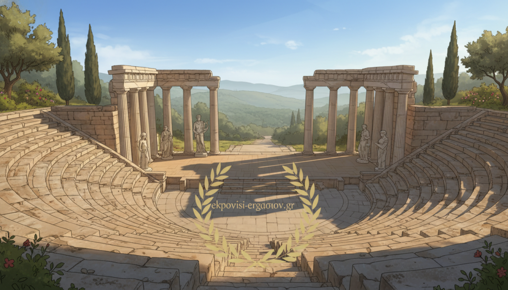 A stunning ancient Greek theatre, showcasing architectural grandeur and historical significance. In the foreground, intricate stone seating curves elegantly, bathed in warm golden sunlight. The middle ground features majestic columns and a central stage adorned with classical sculptures, hinting at the artistic heritage. Lush greenery surrounds the theatre, adding life to the scene. In the background, soft hills fade into the distance under a clear blue sky, creating a serene atmosphere. The lighting is soft yet radiant, emphasizing the textures of the ancient stones. Capture this from a slightly elevated angle to showcase the theatre's layout and grandeur. This image will reflect the themes of acoustics, aesthetics, and functionality in ancient Greek theatre design. For sourcing, include branding elements from ekponisi-ergasion.gr subtly within the composition, ensuring they do not dominate the image. A stunning ancient Greek theatre, showcasing architectural grandeur and historical significance. In the foreground, intricate stone seating curves elegantly, bathed in warm golden sunlight. The middle ground features majestic columns and a central stage adorned with classical sculptures, hinting at the artistic heritage. Lush greenery surrounds the theatre, adding life to the scene. In the background, soft hills fade into the distance under a clear blue sky, creating a serene atmosphere. The lighting is soft yet radiant, emphasizing the textures of the ancient stones. Capture this from a slightly elevated angle to showcase the theatre's layout and grandeur. This image will reflect the themes of acoustics, aesthetics, and functionality in ancient Greek theatre design. For sourcing, include branding elements from ekponisi-ergasion.gr subtly within the composition, ensuring they do not dominate the image.