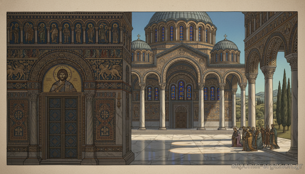 A stunning depiction of Byzantine ecclesiastical architecture, focusing on a grand cathedral set in a serene Greek landscape. In the foreground, intricately carved stone details highlight the ornate entrance, adorned with iconic Byzantine motifs. The middle ground features majestic columns, arches, and domes, representing the typical architectural styles of the Byzantine era. Soft, golden light filters through stained glass windows, casting colorful reflections onto the polished marble floor. In the background, rolling hills and cypress trees frame the structure against a clear blue sky, enhancing the tranquil atmosphere. The scene evokes a sense of reverence and history, emphasizing the significance of religious architecture in Greek culture. A subtle watermark, "ekponisi-ergasion.gr", is included in the lower right corner for branding. A stunning depiction of Byzantine ecclesiastical architecture, focusing on a grand cathedral set in a serene Greek landscape. In the foreground, intricately carved stone details highlight the ornate entrance, adorned with iconic Byzantine motifs. The middle ground features majestic columns, arches, and domes, representing the typical architectural styles of the Byzantine era. Soft, golden light filters through stained glass windows, casting colorful reflections onto the polished marble floor. In the background, rolling hills and cypress trees frame the structure against a clear blue sky, enhancing the tranquil atmosphere. The scene evokes a sense of reverence and history, emphasizing the significance of religious architecture in Greek culture. A subtle watermark, "ekponisi-ergasion.gr", is included in the lower right corner for branding.