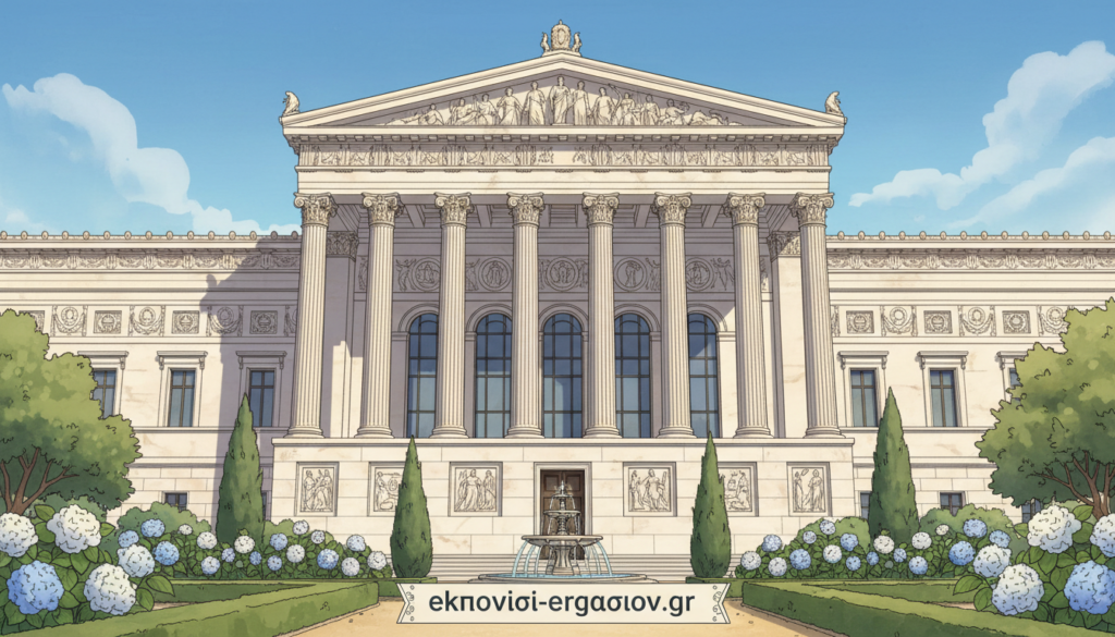 A stunning depiction of neoclassical architecture in Greece, showcasing a grand building with majestic columns and intricate pediments. The foreground features lush greenery and well-manicured gardens, inviting the viewer into the serene atmosphere. In the middle ground, the impressive façade of the building displays elegant sculptural details and large, arched windows, bathed in warm, golden sunlight. The background reveals a clear blue sky with soft, wispy clouds, enhancing the peaceful vibe. Capture this scene from a low-angle perspective to emphasize the grandeur of the architecture, using a wide-angle lens for depth. The overall mood is tranquil and inspirational, representing the elegance and historical significance of Greek neoclassicism. This image is for use by ekponisi-ergasion.gr. A stunning depiction of neoclassical architecture in Greece, showcasing a grand building with majestic columns and intricate pediments. The foreground features lush greenery and well-manicured gardens, inviting the viewer into the serene atmosphere. In the middle ground, the impressive façade of the building displays elegant sculptural details and large, arched windows, bathed in warm, golden sunlight. The background reveals a clear blue sky with soft, wispy clouds, enhancing the peaceful vibe. Capture this scene from a low-angle perspective to emphasize the grandeur of the architecture, using a wide-angle lens for depth. The overall mood is tranquil and inspirational, representing the elegance and historical significance of Greek neoclassicism. This image is for use by ekponisi-ergasion.gr.