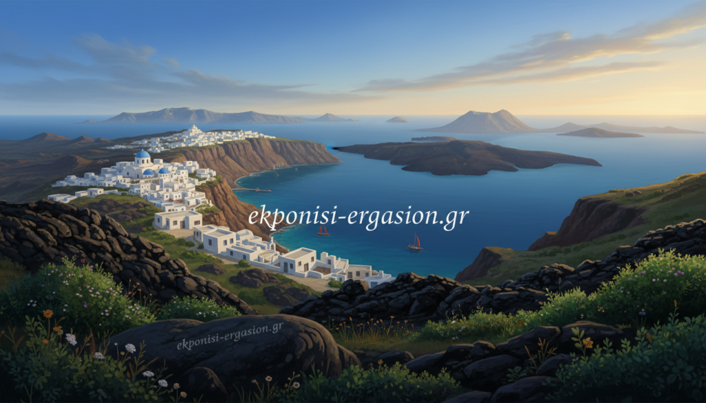 A stunning view of the volcanic arc of the Aegean Sea, showcasing the unique geological formations created by past volcanic activity. In the foreground, rugged black lava rock contrasts with vibrant green vegetation, illustrating the life that thrives in this harsh environment. The middle ground reveals the iconic caldera of Santorini, with whitewashed buildings perched on cliffs overlooking the turquoise waters, creating a picturesque scene. In the background, distant volcanic islands rise from the sea under a bright blue sky, with wispy clouds enhancing the atmosphere. The lighting is warm, suggesting a late afternoon sun casting soft shadows and highlighting textures. The composition is captured with a wide-angle lens, giving a sense of depth and grandeur to this remarkable geological landscape. The brand name "ekponisi-ergasion.gr" subtly integrates into the scene. A stunning view of the volcanic arc of the Aegean Sea, showcasing the unique geological formations created by past volcanic activity. In the foreground, rugged black lava rock contrasts with vibrant green vegetation, illustrating the life that thrives in this harsh environment. The middle ground reveals the iconic caldera of Santorini, with whitewashed buildings perched on cliffs overlooking the turquoise waters, creating a picturesque scene. In the background, distant volcanic islands rise from the sea under a bright blue sky, with wispy clouds enhancing the atmosphere. The lighting is warm, suggesting a late afternoon sun casting soft shadows and highlighting textures. The composition is captured with a wide-angle lens, giving a sense of depth and grandeur to this remarkable geological landscape. The brand name "ekponisi-ergasion.gr" subtly integrates into the scene.