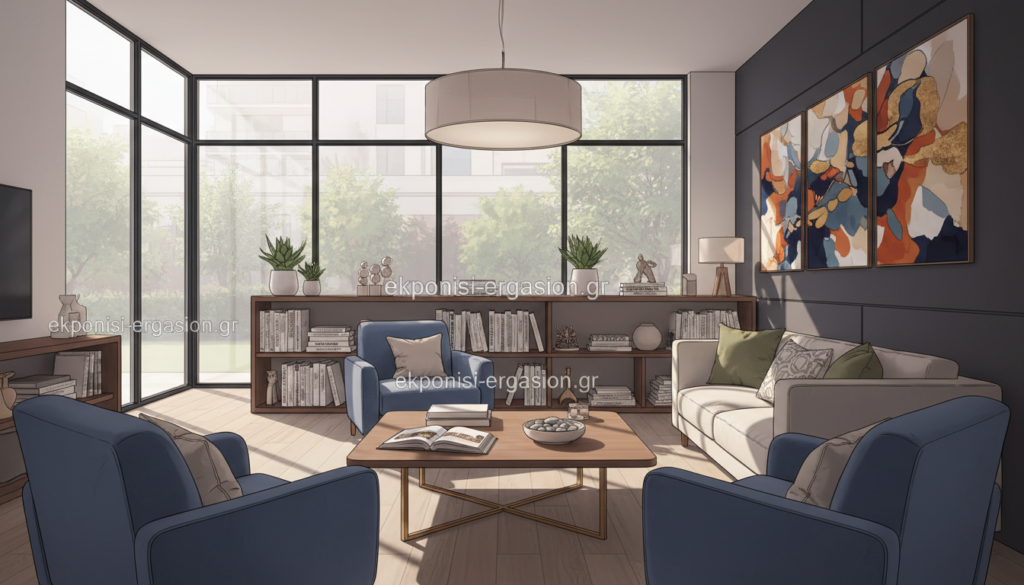 A stylish and inviting interior design concept showcasing a contemporary lounge area, with elegant furniture arranged to promote social interaction. In the foreground, plush armchairs and a sophisticated coffee table are complemented by soft cushions. The middle ground features a sleek bookshelf filled with art and design books, against a backdrop of large windows allowing natural light to flood the space, creating warmth and openness. The background reveals a tastefully decorated accent wall with vibrant artwork. The lighting is soft and ambient, enhancing the tranquil atmosphere. Capture this scene from a slightly elevated angle to emphasize depth. The mood should be serene and inspiring, reflecting the principles of interior architecture. Include branding elements from "ekponisi-ergasion.gr" subtly within the design elements. A stylish and inviting interior design concept showcasing a contemporary lounge area, with elegant furniture arranged to promote social interaction. In the foreground, plush armchairs and a sophisticated coffee table are complemented by soft cushions. The middle ground features a sleek bookshelf filled with art and design books, against a backdrop of large windows allowing natural light to flood the space, creating warmth and openness. The background reveals a tastefully decorated accent wall with vibrant artwork. The lighting is soft and ambient, enhancing the tranquil atmosphere. Capture this scene from a slightly elevated angle to emphasize depth. The mood should be serene and inspiring, reflecting the principles of interior architecture. Include branding elements from "ekponisi-ergasion.gr" subtly within the design elements.
