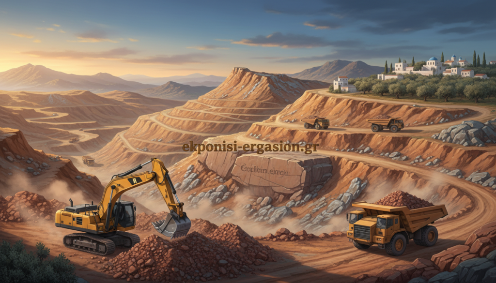 A sweeping view of Greece’s mining landscape, showcasing a vast expanse of rugged terrain peppered with mining activities. In the foreground, heavy machinery, such as excavators and trucks, are actively engaged in mining operations, surrounded by piles of minerals and ores. The middle ground features a series of terraced hills, with rocky outcrops and visible mineral deposits, illustrating the geological richness of the area. In the background, traditional Greek architecture and olive trees can be seen against the Mediterranean sky. The lighting is warm, capturing the golden hues of the setting sun, creating a serene yet industrious atmosphere. The image should convey the balance between natural beauty and industrial activity. Include the brand name "ekponisi-ergasion.gr" subtly integrated into the landscape. A sweeping view of Greece’s mining landscape, showcasing a vast expanse of rugged terrain peppered with mining activities. In the foreground, heavy machinery, such as excavators and trucks, are actively engaged in mining operations, surrounded by piles of minerals and ores. The middle ground features a series of terraced hills, with rocky outcrops and visible mineral deposits, illustrating the geological richness of the area. In the background, traditional Greek architecture and olive trees can be seen against the Mediterranean sky. The lighting is warm, capturing the golden hues of the setting sun, creating a serene yet industrious atmosphere. The image should convey the balance between natural beauty and industrial activity. Include the brand name "ekponisi-ergasion.gr" subtly integrated into the landscape.
