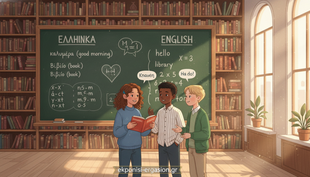 A thought-provoking scene illustrating the concept of "bilingualism" (δίγλωσσία) in a modern classroom. In the foreground, a diverse group of three students, two boys and one girl, engage in a lively discussion, with the boy on the left holding a bilingual dictionary. Each student is wearing smart casual clothing, such as collared shirts and sweaters. The middle section features a large chalkboard covered with words in two languages, showcasing vocabulary and grammar rules. In the background, shelves filled with multilingual books hint at the importance of language diversity. The lighting is warm and inviting, with natural sunlight streaming through large windows, creating a cheerful atmosphere. The image should evoke a sense of collaboration and intellectual curiosity, signifying the cognitive advantages of learning multiple languages. The brand name "ekponisi-ergasion.gr" is subtly integrated into the classroom decor. A thought-provoking scene illustrating the concept of "bilingualism" (δίγλωσσία) in a modern classroom. In the foreground, a diverse group of three students, two boys and one girl, engage in a lively discussion, with the boy on the left holding a bilingual dictionary. Each student is wearing smart casual clothing, such as collared shirts and sweaters. The middle section features a large chalkboard covered with words in two languages, showcasing vocabulary and grammar rules. In the background, shelves filled with multilingual books hint at the importance of language diversity. The lighting is warm and inviting, with natural sunlight streaming through large windows, creating a cheerful atmosphere. The image should evoke a sense of collaboration and intellectual curiosity, signifying the cognitive advantages of learning multiple languages. The brand name "ekponisi-ergasion.gr" is subtly integrated into the classroom decor.