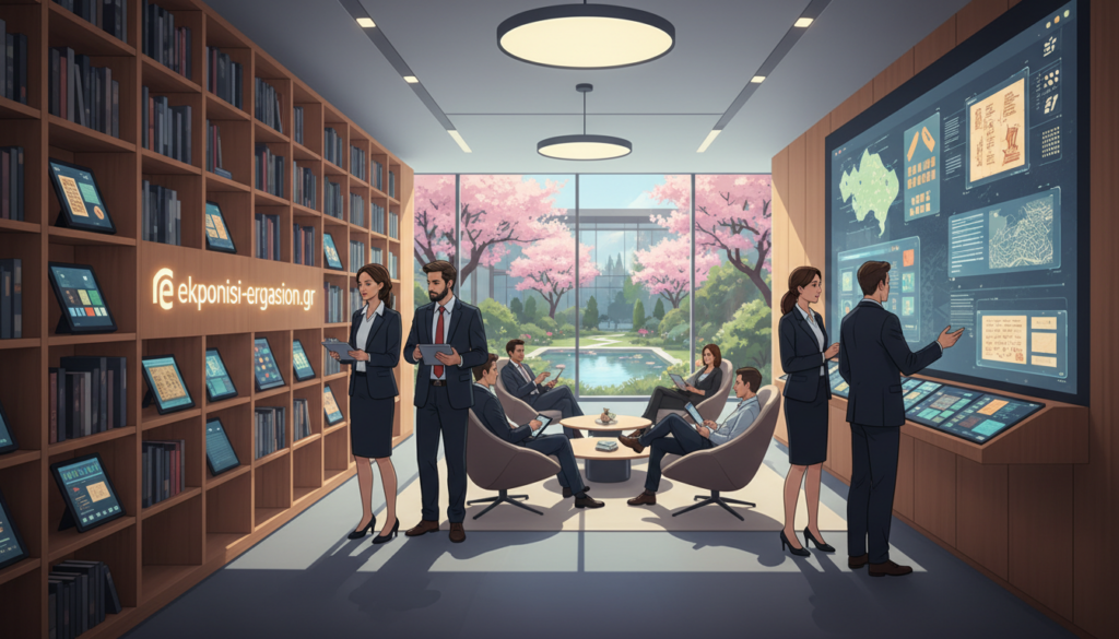 A tranquil digital library interior, showcasing a modern design with sleek wooden bookshelves filled with colorful digital books and tablets displaying cultural heritage content. In the foreground, a diverse group of professionals, dressed in business attire, are engaged in collaborative discussions, analyzing digital interfaces projected on a large screen. The middle ground features comfortable reading areas with soft, ambient lighting that creates a warm atmosphere. In the background, large windows reveal a serene garden, filled with lush greenery, symbolizing the connection between nature and knowledge. The image captures a sense of innovation and the future of cultural preservation, emphasizing the theme of digital libraries. The brand logo “ekponisi-ergasion.gr” subtly integrated into the shelf design. A tranquil digital library interior, showcasing a modern design with sleek wooden bookshelves filled with colorful digital books and tablets displaying cultural heritage content. In the foreground, a diverse group of professionals, dressed in business attire, are engaged in collaborative discussions, analyzing digital interfaces projected on a large screen. The middle ground features comfortable reading areas with soft, ambient lighting that creates a warm atmosphere. In the background, large windows reveal a serene garden, filled with lush greenery, symbolizing the connection between nature and knowledge. The image captures a sense of innovation and the future of cultural preservation, emphasizing the theme of digital libraries. The brand logo “ekponisi-ergasion.gr” subtly integrated into the shelf design.