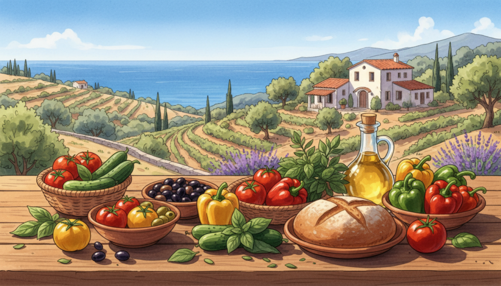 A vibrant Mediterranean landscape showcasing the essence of the Mediterranean diet. In the foreground, a wooden table laden with an array of colorful fruits and vegetables, including ripe tomatoes, olives, and vibrant bell peppers, garnished with fresh herbs. Adjacent to the table, a round loaf of rustic bread and a bottle of golden olive oil glisten in the sunlight. In the middle ground, a sunlit Mediterranean villa surrounded by lush gardens. The background features rolling hills and an expansive blue sea under a clear sky. Soft, warm lighting casts gentle shadows, creating an inviting atmosphere. Capture this scene with a wide-angle lens to emphasize the richness of the produce and the beauty of the landscape. Please ensure that the image is free of any text or watermarks, including "ekponisi-ergasion.gr." A vibrant Mediterranean landscape showcasing the essence of the Mediterranean diet. In the foreground, a wooden table laden with an array of colorful fruits and vegetables, including ripe tomatoes, olives, and vibrant bell peppers, garnished with fresh herbs. Adjacent to the table, a round loaf of rustic bread and a bottle of golden olive oil glisten in the sunlight. In the middle ground, a sunlit Mediterranean villa surrounded by lush gardens. The background features rolling hills and an expansive blue sea under a clear sky. Soft, warm lighting casts gentle shadows, creating an inviting atmosphere. Capture this scene with a wide-angle lens to emphasize the richness of the produce and the beauty of the landscape. Please ensure that the image is free of any text or watermarks, including "ekponisi-ergasion.gr."