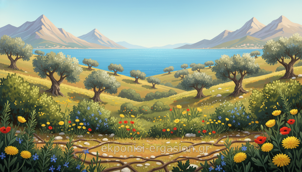 A vibrant Mediterranean landscape showcasing the rich biodiversity of the region. In the foreground, a variety of native plants, including fragrant rosemary, bright yellow wildflowers, and lush green shrubs, create an intricate tapestry of textures and colors. In the middle ground, gentle hills dotted with olive trees rise towards the sky, while a serene blue sea reflects the sunlight. The background features majestic mountains under a clear azure sky, adding depth to the scene. Soft, warm sunlight filters through, creating a peaceful and inviting atmosphere. The image should be captured with a wide-angle lens to emphasize the expansive beauty of the Mediterranean ecosystem. The branding "ekponisi-ergasion.gr" subtly integrated into the scenery, maintaining the natural aesthetics of the environment. A vibrant Mediterranean landscape showcasing the rich biodiversity of the region. In the foreground, a variety of native plants, including fragrant rosemary, bright yellow wildflowers, and lush green shrubs, create an intricate tapestry of textures and colors. In the middle ground, gentle hills dotted with olive trees rise towards the sky, while a serene blue sea reflects the sunlight. The background features majestic mountains under a clear azure sky, adding depth to the scene. Soft, warm sunlight filters through, creating a peaceful and inviting atmosphere. The image should be captured with a wide-angle lens to emphasize the expansive beauty of the Mediterranean ecosystem. The branding "ekponisi-ergasion.gr" subtly integrated into the scenery, maintaining the natural aesthetics of the environment.