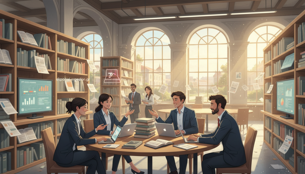A vibrant academic library setting representing "Open Access". In the foreground, depict a diverse group of students and researchers, dressed in professional business attire, engaged in collaborative discussions over laptops and books. In the middle ground, shelves lined with open access journals and research papers, illustrating the availability of knowledge. In the background, large windows allowing sunlight to flood the space, creating a warm and inviting atmosphere. Incorporate elements of modern technology, like digital screens displaying research data. The mood should evoke curiosity, collaboration, and innovation, emphasizing the importance of accessibility in academic resources. The image should reflect a professional environment, ideal for an article about "The Role of Academic Libraries in the Age of Open Science." Include the brand name "ekponisi-ergasion.gr" subtly in the scene. A vibrant academic library setting representing "Open Access". In the foreground, depict a diverse group of students and researchers, dressed in professional business attire, engaged in collaborative discussions over laptops and books. In the middle ground, shelves lined with open access journals and research papers, illustrating the availability of knowledge. In the background, large windows allowing sunlight to flood the space, creating a warm and inviting atmosphere. Incorporate elements of modern technology, like digital screens displaying research data. The mood should evoke curiosity, collaboration, and innovation, emphasizing the importance of accessibility in academic resources. The image should reflect a professional environment, ideal for an article about "The Role of Academic Libraries in the Age of Open Science." Include the brand name "ekponisi-ergasion.gr" subtly in the scene.