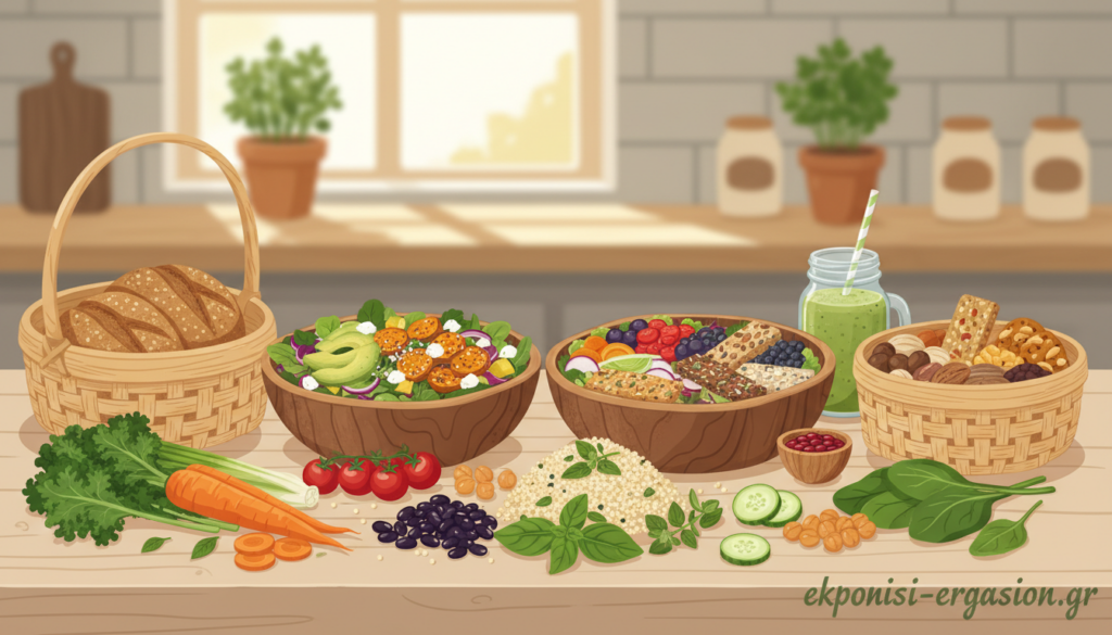 A vibrant and colorful flat lay arrangement showcasing various types of plant-based foods, designed to represent the concept of "χορτοφαγία". In the foreground, an assortment of fresh vegetables, legumes, and whole grains, including leafy greens, carrots, chickpeas, and quinoa, artfully garnished with herbs. In the middle, rustic wooden bowls filled with vibrant salads and plant-based snacks, emphasizing variety and nutrition. The background features a soft-focus of a rustic kitchen setting with natural light filtering in, creating a warm and inviting atmosphere. The composition should evoke feelings of health, well-being, and sustainability. Capture this scene with a slight overhead angle using soft, natural lighting to accentuate the colors and textures. The brand name "ekponisi-ergasion.gr" subtly incorporated into the corner of the image. A vibrant and colorful flat lay arrangement showcasing various types of plant-based foods, designed to represent the concept of "χορτοφαγία". In the foreground, an assortment of fresh vegetables, legumes, and whole grains, including leafy greens, carrots, chickpeas, and quinoa, artfully garnished with herbs. In the middle, rustic wooden bowls filled with vibrant salads and plant-based snacks, emphasizing variety and nutrition. The background features a soft-focus of a rustic kitchen setting with natural light filtering in, creating a warm and inviting atmosphere. The composition should evoke feelings of health, well-being, and sustainability. Capture this scene with a slight overhead angle using soft, natural lighting to accentuate the colors and textures. The brand name "ekponisi-ergasion.gr" subtly incorporated into the corner of the image.