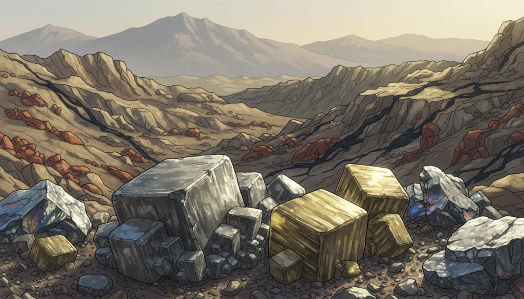 A vibrant and detailed depiction of metallic minerals showcasing their unique textures and shimmering surfaces. In the foreground, a cluster of diverse metallic ores, such as galena and pyrite, glistens under bright but natural lighting, emphasizing their intricate crystalline structures. The middle ground features a rugged terrain filled with rocky mineral deposits, reflecting the rich geological heritage of Greece. In the background, a subtle silhouette of a mountain range adds depth to the landscape. The atmosphere is one of natural beauty and rugged resilience, capturing the essence of mineral wealth. The image is sharp and clear, with a slight depth of field effect to focus on the minerals. No text, logos, or watermarks are included. Inspired by the educational content of ekponisi-ergasion.gr. A vibrant and detailed depiction of metallic minerals showcasing their unique textures and shimmering surfaces. In the foreground, a cluster of diverse metallic ores, such as galena and pyrite, glistens under bright but natural lighting, emphasizing their intricate crystalline structures. The middle ground features a rugged terrain filled with rocky mineral deposits, reflecting the rich geological heritage of Greece. In the background, a subtle silhouette of a mountain range adds depth to the landscape. The atmosphere is one of natural beauty and rugged resilience, capturing the essence of mineral wealth. The image is sharp and clear, with a slight depth of field effect to focus on the minerals. No text, logos, or watermarks are included. Inspired by the educational content of ekponisi-ergasion.gr.