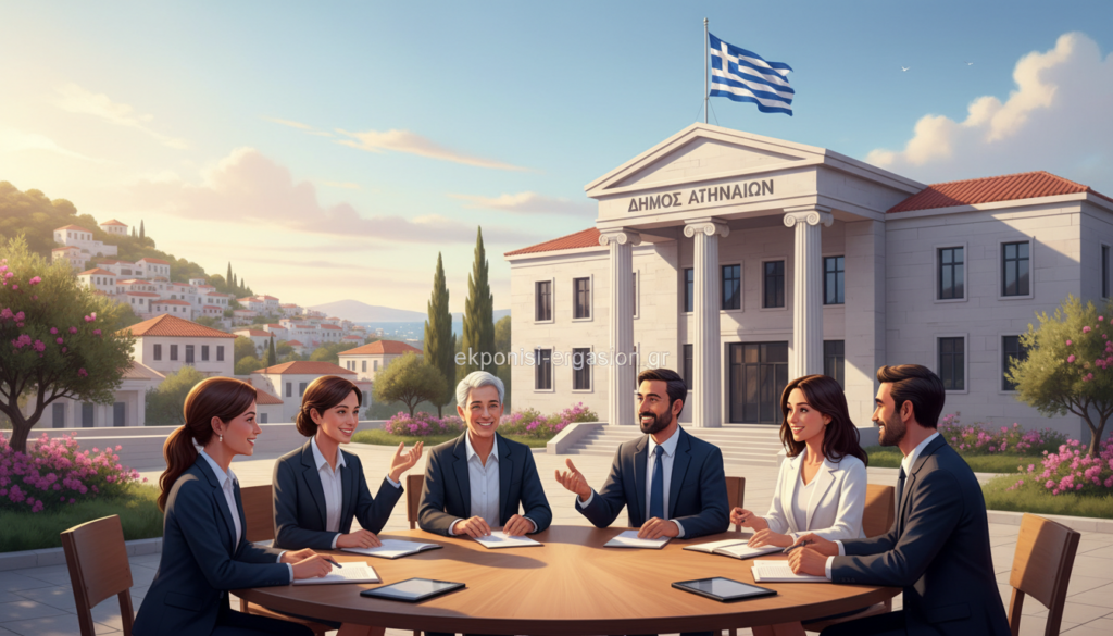 A vibrant and detailed scene depicting local government in Greece, focusing on the theme of "Local Administration". In the foreground, a diverse group of professional individuals in business attire engages in a productive discussion at a round table, showcasing collaboration and decision-making. The middle ground features a modern municipal building that symbolizes efficient governance, with Greek architectural elements such as columns and a flag. In the background, a picturesque view of a Greek town, with quaint houses and greenery, captures the essence of community. Soft, natural lighting illuminates the scene, creating a welcoming atmosphere. The image is framed with a slight wide-angle perspective, enhancing the sense of openness and dialogue. Include the brand name "ekponisi-ergasion.gr" subtly within the composition. A vibrant and detailed scene depicting local government in Greece, focusing on the theme of "Local Administration". In the foreground, a diverse group of professional individuals in business attire engages in a productive discussion at a round table, showcasing collaboration and decision-making. The middle ground features a modern municipal building that symbolizes efficient governance, with Greek architectural elements such as columns and a flag. In the background, a picturesque view of a Greek town, with quaint houses and greenery, captures the essence of community. Soft, natural lighting illuminates the scene, creating a welcoming atmosphere. The image is framed with a slight wide-angle perspective, enhancing the sense of openness and dialogue. Include the brand name "ekponisi-ergasion.gr" subtly within the composition.