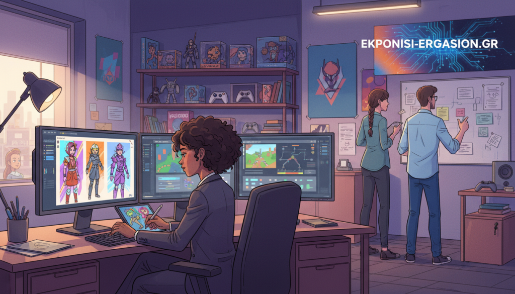 A vibrant and dynamic gaming industry scene, showcasing a diverse team of five engaged in collaborative game design. In the foreground, one individual, a woman in professional attire, edits graphics on a computer, while a man in business casual attire sketches character designs on a tablet. In the middle ground, two team members review gameplay mechanics on large monitors, their faces illuminated by the screen's glow. The background features a modern office space filled with gaming memorabilia and creative posters. Soft, diffused lighting creates an energetic atmosphere, reminiscent of a bustling game studio. Capture the excitement and innovation of game design to illustrate the essence of industry collaboration, reflecting the website "ekponisi-ergasion.gr". A vibrant and dynamic gaming industry scene, showcasing a diverse team of five engaged in collaborative game design. In the foreground, one individual, a woman in professional attire, edits graphics on a computer, while a man in business casual attire sketches character designs on a tablet. In the middle ground, two team members review gameplay mechanics on large monitors, their faces illuminated by the screen's glow. The background features a modern office space filled with gaming memorabilia and creative posters. Soft, diffused lighting creates an energetic atmosphere, reminiscent of a bustling game studio. Capture the excitement and innovation of game design to illustrate the essence of industry collaboration, reflecting the website "ekponisi-ergasion.gr".