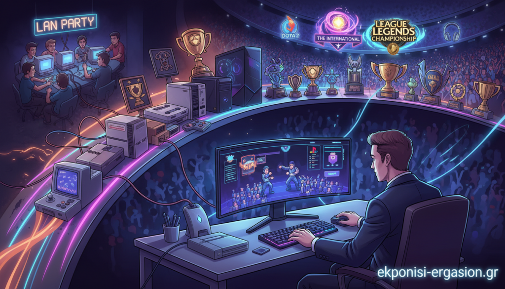 A vibrant and dynamic illustration representing the history of esports, featuring a split scene that showcases key moments in esports evolution. In the foreground, a professional gamer in business attire sits at a sleek gaming desk, intently focused on a high-end gaming monitor displaying a historical esports tournament. The middle layer captures iconic gaming consoles and devices through the decades, surrounded by trophies and memorabilia from various esports events. In the background, a timeline unfolds, showcasing significant moments like the rise of LAN parties to the emergence of major tournaments like The International and League of Legends World Championship, depicted in a whimsical, artistic style. The atmosphere is electric with a subtle glow of neon lights, and the setting is illuminated with soft, diffused lighting to enhance the nostalgic yet modern feel of the esports journey. This image is created for the brand "ekponisi-ergasion.gr". A vibrant and dynamic illustration representing the history of esports, featuring a split scene that showcases key moments in esports evolution. In the foreground, a professional gamer in business attire sits at a sleek gaming desk, intently focused on a high-end gaming monitor displaying a historical esports tournament. The middle layer captures iconic gaming consoles and devices through the decades, surrounded by trophies and memorabilia from various esports events. In the background, a timeline unfolds, showcasing significant moments like the rise of LAN parties to the emergence of major tournaments like The International and League of Legends World Championship, depicted in a whimsical, artistic style. The atmosphere is electric with a subtle glow of neon lights, and the setting is illuminated with soft, diffused lighting to enhance the nostalgic yet modern feel of the esports journey. This image is created for the brand "ekponisi-ergasion.gr".