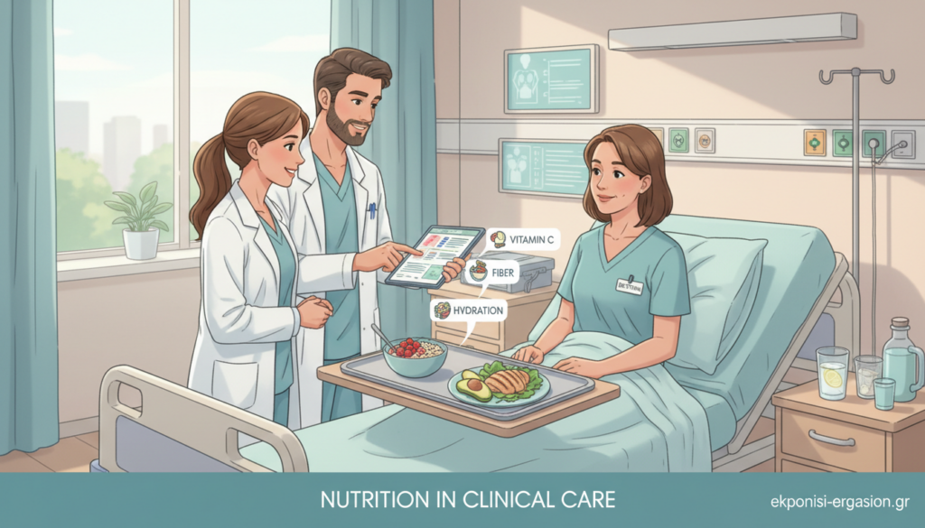 A vibrant and educational scene illustrating the role of nutrition in clinical care. In the foreground, a diverse group of healthcare professionals, including a dietitian, discussing meal plans with a patient in a hospital room, all dressed in professional attire. In the middle ground, healthy foods such as fruits, vegetables, and grains are prominently displayed on a hospital tray, with nutritional information subtly illustrated beside them. The background features a well-lit hospital environment, with medical charts and a calming color palette to convey a sense of trust and care. Soft, natural lighting enhances the warmth of the scene. The overall mood is informative and supportive, emphasizing the importance of nutrition in healthcare. Created by ekponisi-ergasion.gr. A vibrant and educational scene illustrating the role of nutrition in clinical care. In the foreground, a diverse group of healthcare professionals, including a dietitian, discussing meal plans with a patient in a hospital room, all dressed in professional attire. In the middle ground, healthy foods such as fruits, vegetables, and grains are prominently displayed on a hospital tray, with nutritional information subtly illustrated beside them. The background features a well-lit hospital environment, with medical charts and a calming color palette to convey a sense of trust and care. Soft, natural lighting enhances the warmth of the scene. The overall mood is informative and supportive, emphasizing the importance of nutrition in healthcare. Created by ekponisi-ergasion.gr.