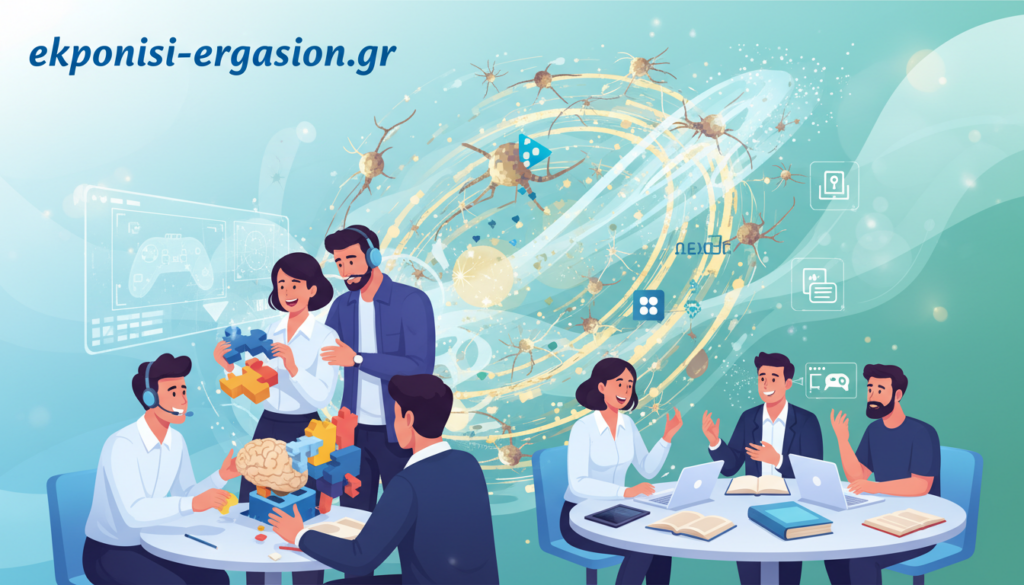A vibrant and engaging illustration depicting cognitive functions in a positive light, set in a modern and dynamic environment. The foreground features a diverse group of individuals—all dressed in professional and casual attire—engaged in various brain-stimulating activities like playing strategic video games, solving puzzles, and collaborating at a table filled with books and technology. The middle layer showcases glowing neurons and abstract waves representing brain activity, intertwined with playful visual elements of game graphics. In the background, a soft gradient of blues and greens creates an uplifting atmosphere, with gentle lighting illuminating the scene to evoke a sense of positivity and creativity. The image should inspire curiosity and enthusiasm about the positive impact of gaming on cognitive function. Brand name: ekponisi-ergasion.gr. A vibrant and engaging illustration depicting cognitive functions in a positive light, set in a modern and dynamic environment. The foreground features a diverse group of individuals—all dressed in professional and casual attire—engaged in various brain-stimulating activities like playing strategic video games, solving puzzles, and collaborating at a table filled with books and technology. The middle layer showcases glowing neurons and abstract waves representing brain activity, intertwined with playful visual elements of game graphics. In the background, a soft gradient of blues and greens creates an uplifting atmosphere, with gentle lighting illuminating the scene to evoke a sense of positivity and creativity. The image should inspire curiosity and enthusiasm about the positive impact of gaming on cognitive function. Brand name: ekponisi-ergasion.gr.
